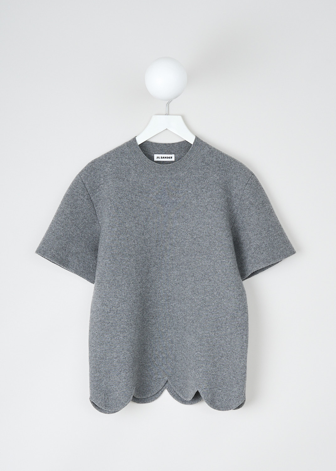 Jil Sander, Stone grey flannel top, J02GP0020_J14510_039_STONE, Grey, Front, This stone grey flannel top had a ribbed round neckline. The short sleeves have straight hems. The top has an elongated silhouette with a scalloped hemline.   

