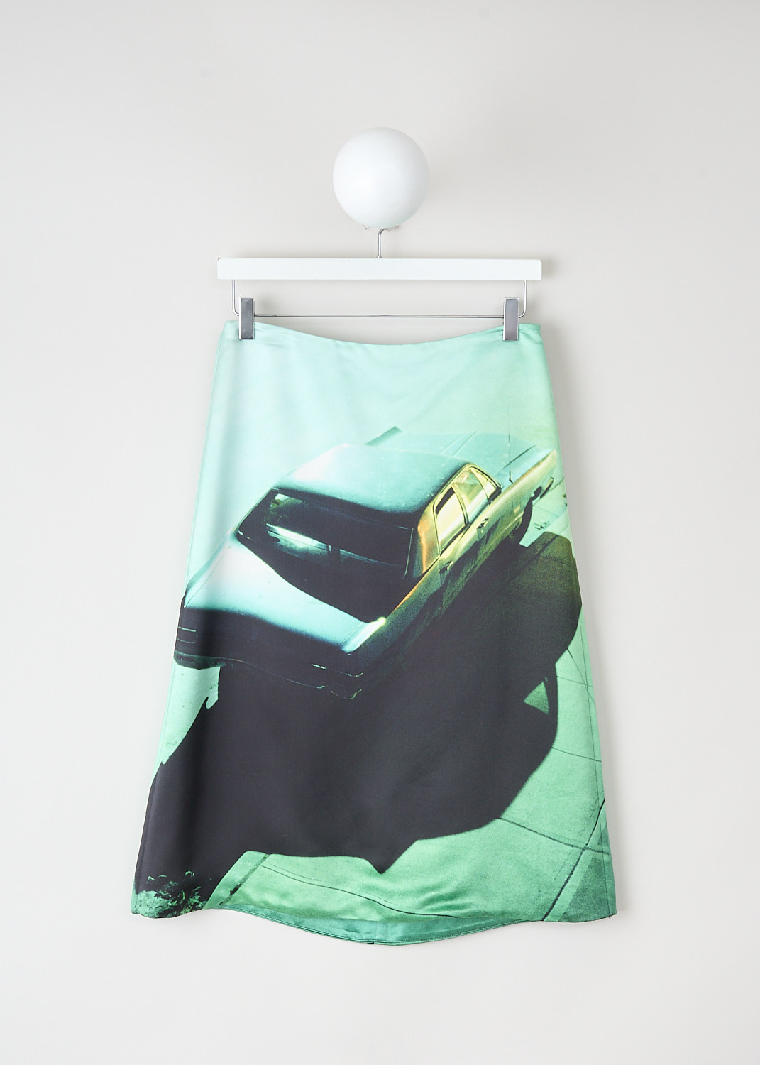 Jil Sander, Printed 'Green Night' midi skirt, J03MA0239_J65314_470_GREEN_NIGHT, Green, Blue, Print, Front, This 'Green Night' midi  A-line skirt has the image of a car on the front in soft green and black tones. The skirt has a concealed centre zip in the back.
