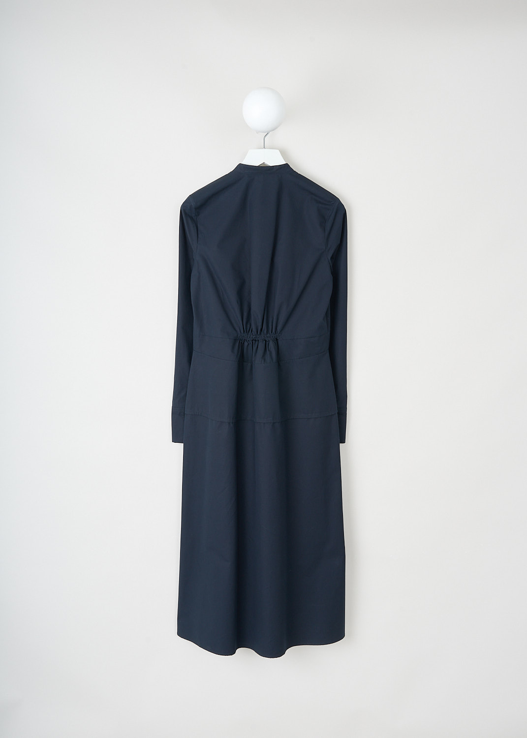 Jil Sander, Navy blue long-sleeve maxi dress, J04CT0002_J45002_401_NAVY, Blue, Back, This navy blue long-sleeve maxi dress has a mandarin collar and a front button closure. The long sleeves have buttoned cuffs. The front and back have pleated detailing. The dress has a slightly flared skirt.
