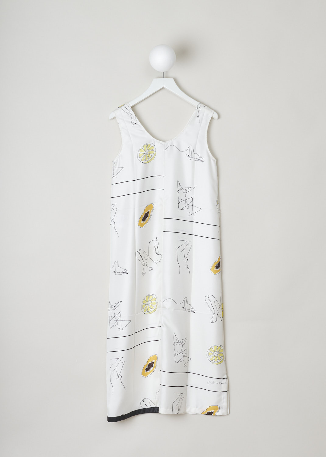 Jil Sander, Off-white maxi shift dress, White, Print, Back, This off-white maxi shift dress has a white base color with a minimalistic drawing-print. The sleeveless dress has a round neckline. Small splits can be found on the side seam. The dress has a partial black fabric trim along the hem.  
