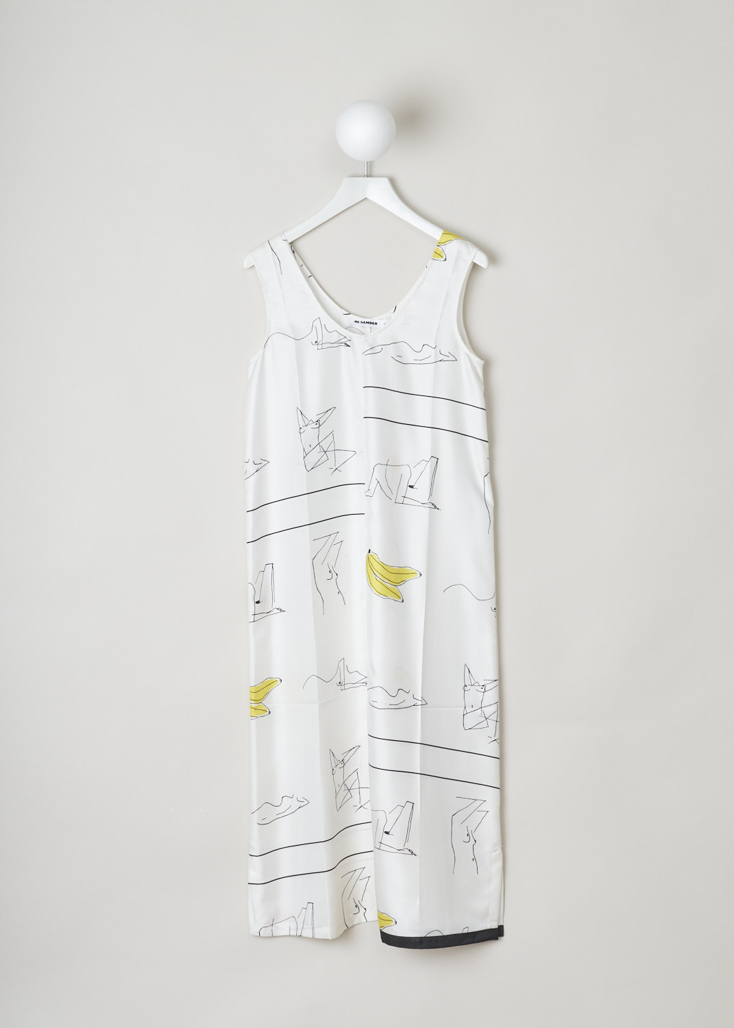 Jil Sander, Off-white maxi shift dress, White, Print, Front, This off-white maxi shift dress has a white base color with a minimalistic drawing-print. The sleeveless dress has a round neckline. Small splits can be found on the side seam. The dress has a partial black fabric trim along the hem.  
