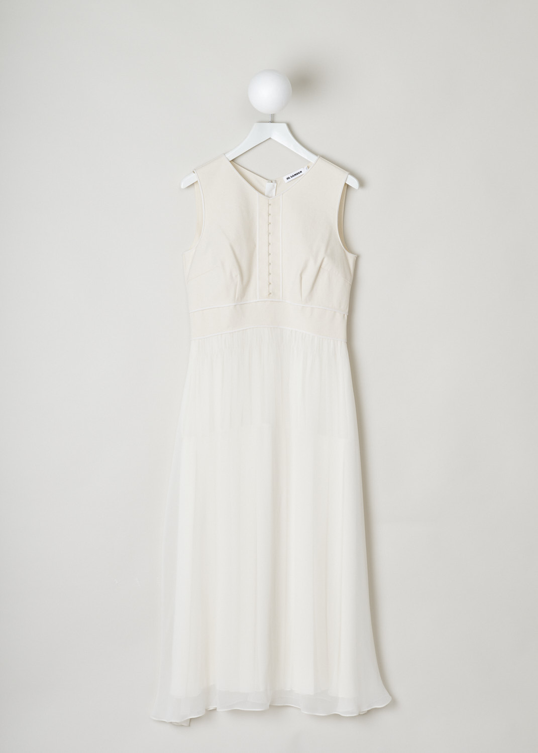 Jil Sander, Off-white summer dress, 
JSWM505155_WM281600C_101, White, Front, This sleeveless white dress has a fitted cotton bodice with a round neckline and decorative metal clips going down the front. The dress has a flowy silk midi skirt. In the back, a concealed zipper functions as the closure. 