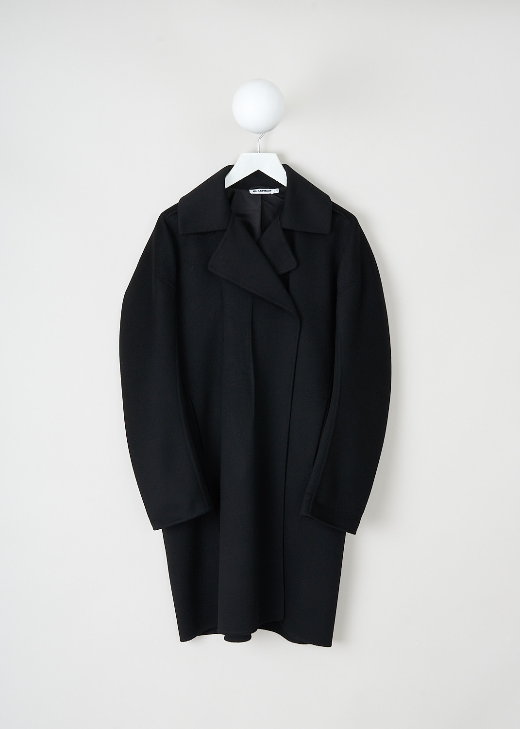 Jil Sander, Black cashmere-blend coat, WB100023_PORTUGAL_LW100284_990, Black, Front, This black cashmere-blend coat has a bog notched lapel and a wrap closure with a single concealed button. The long sleeves have straight endings. The coat comes with a matching tie that can be used to cinch in the waist. 

