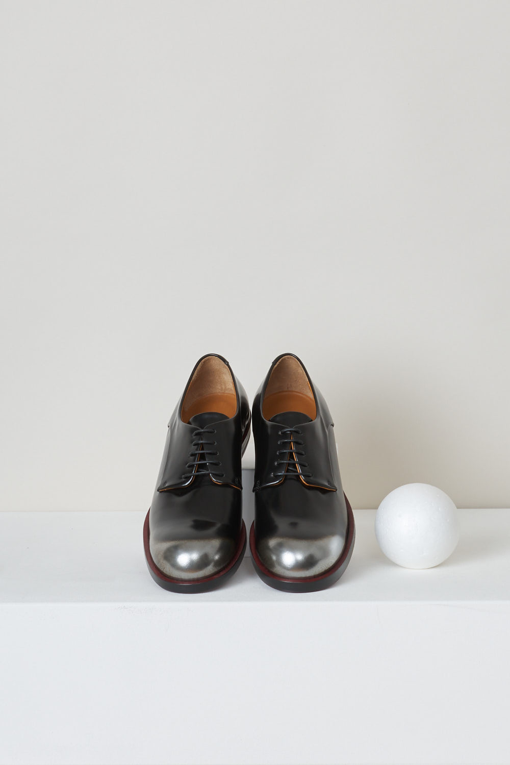 Jil Sander, Black derby shoes with silver and red accents, JS23018_1ASZ17_keope_tric_089, black, red, silver, top, Derby shoes in black with a silver heel and toes, and with red accents on the sole. 