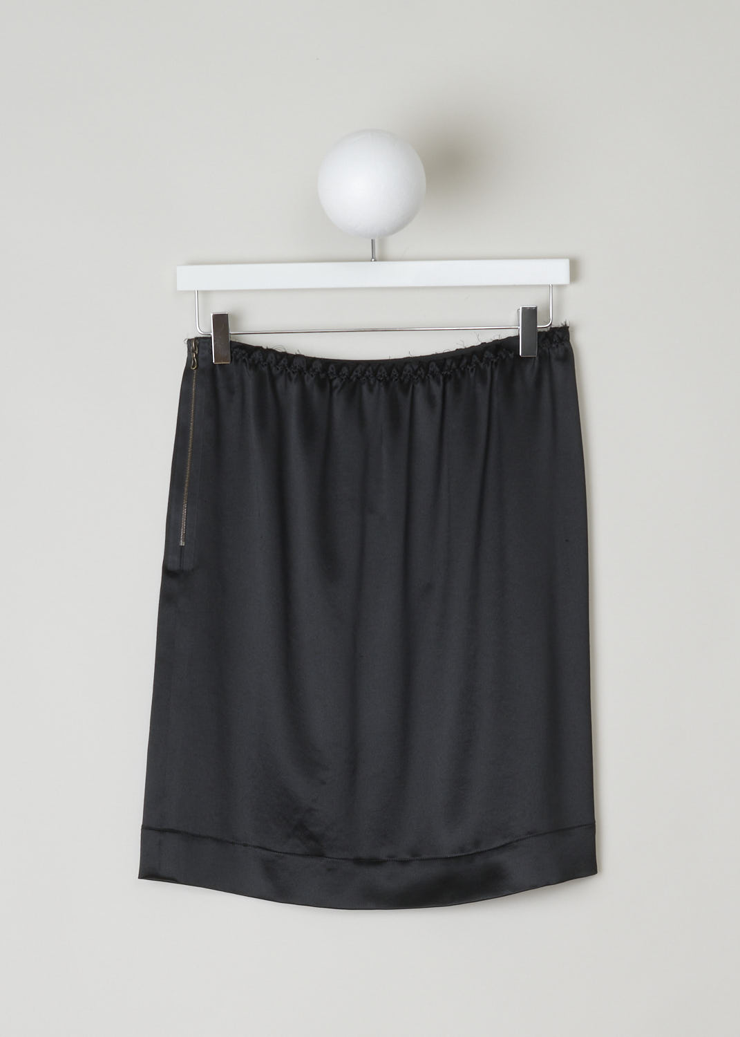 LANVIN, BLACK SILK MINI SKIRT, W040110626P3A, Black, Back, This silky smooth black mini skirt features an elasticated waistband with gathered silk ruffles, a bronze-toned side zipper and a broad hemline. 
