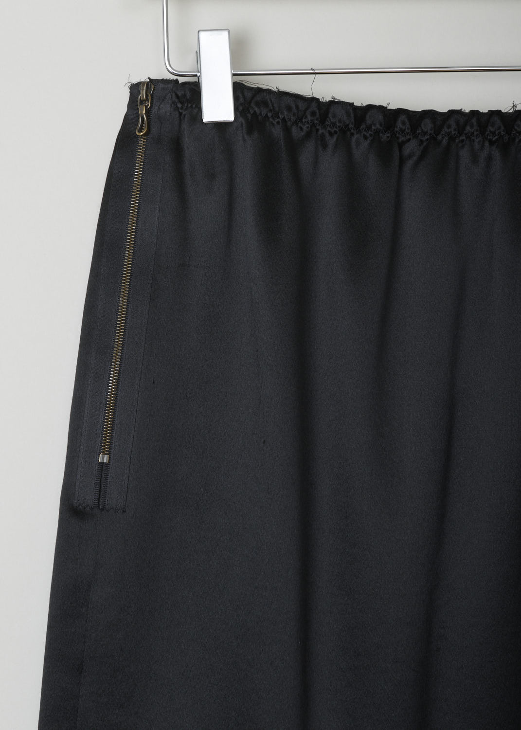 LANVIN, BLACK SILK MINI SKIRT, W040110626P3A, Black, Detail, This silky smooth black mini skirt features an elasticated waistband with gathered silk ruffles, a bronze-toned side zipper and a broad hemline. 
