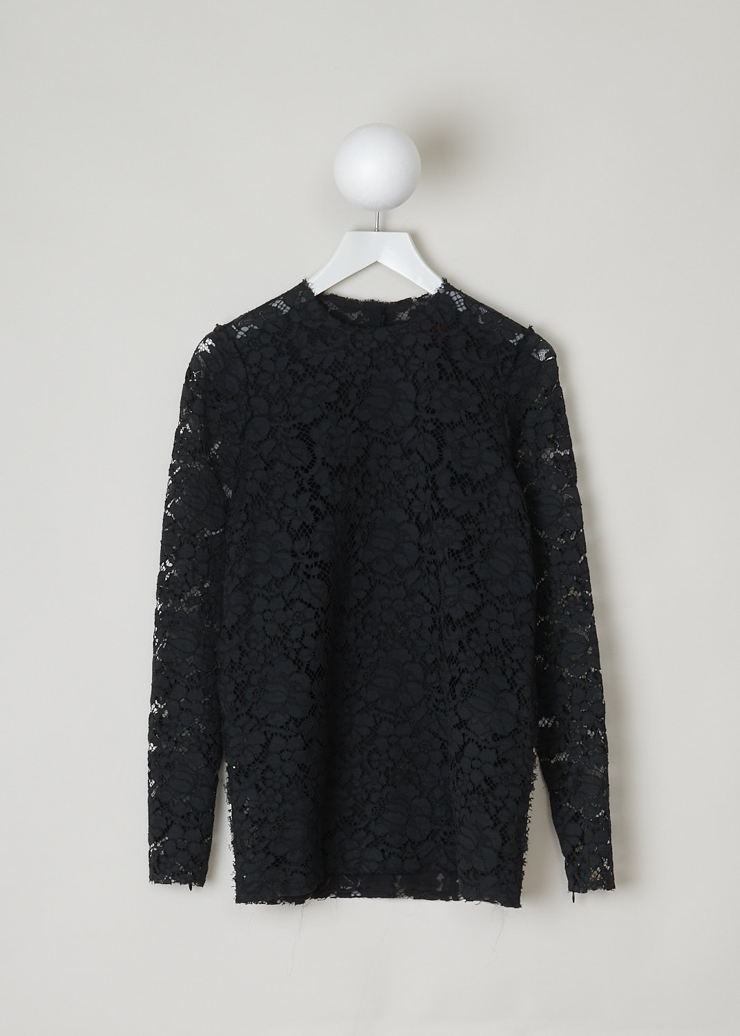 LANVIN, BLACK LACE TOP, W060771468C5B_NOIR, Black, Front, This black lace top with black silk lining has a round neckline with a raw finish. In the back of the neck, a concealed snap button functions as the closure option.  The long sleeves have zipped cuffs. The straight hemline also has a raw finish.
