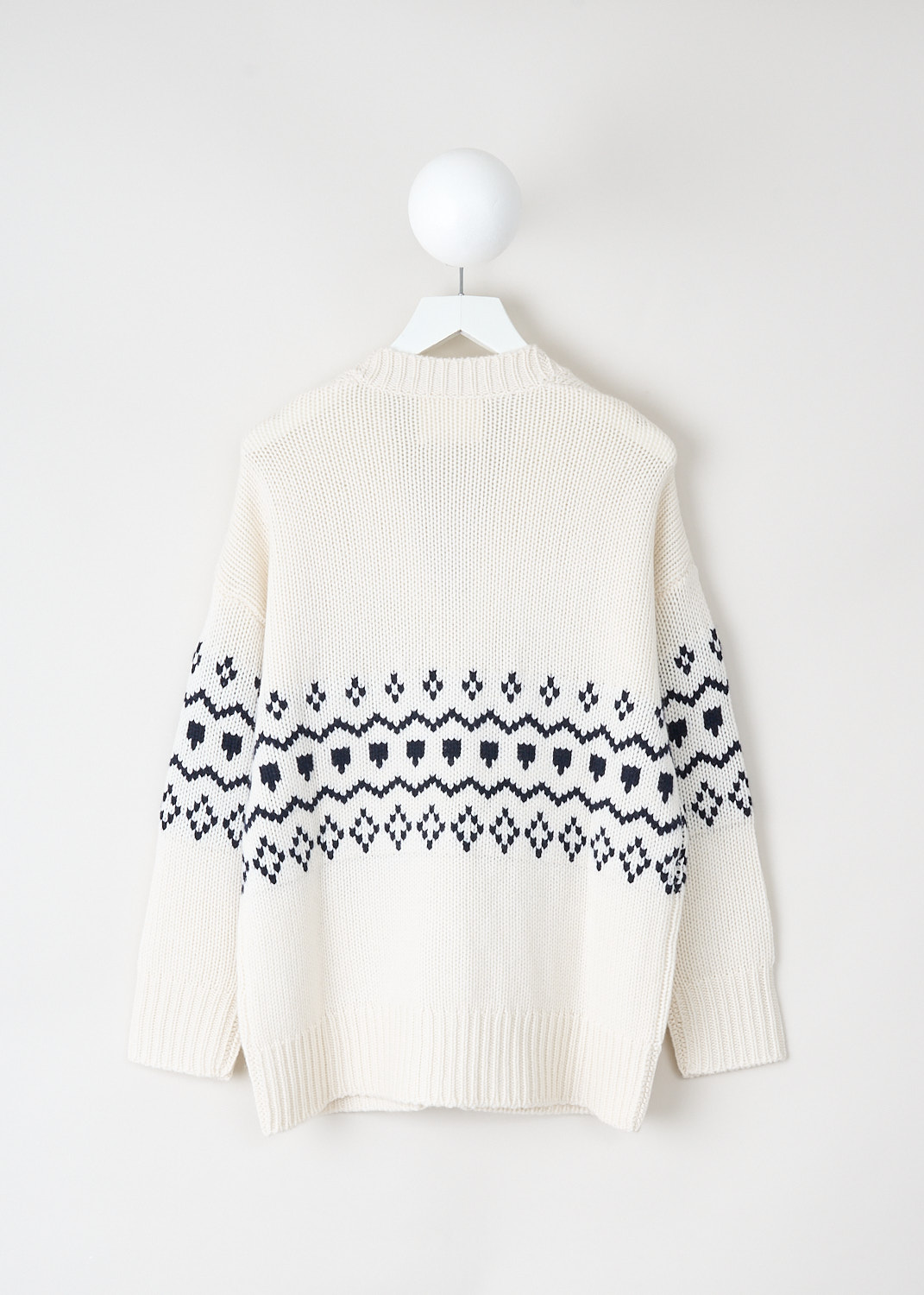 Lisa Yang, Greyson cardigan in Cream/navy, 2023254_GREYSON_CARDIGAN_CREAM_NAVY, White, Blue, Print, Back, This Greyson cardigan has a cream base color with a navy blue jacquard print. The cardigan has a V-neckline, long sleeves and a front button closure. The neckline, cuffs and hemline have a ribbed finish. On the front, the cardigan has two patch pockets.
