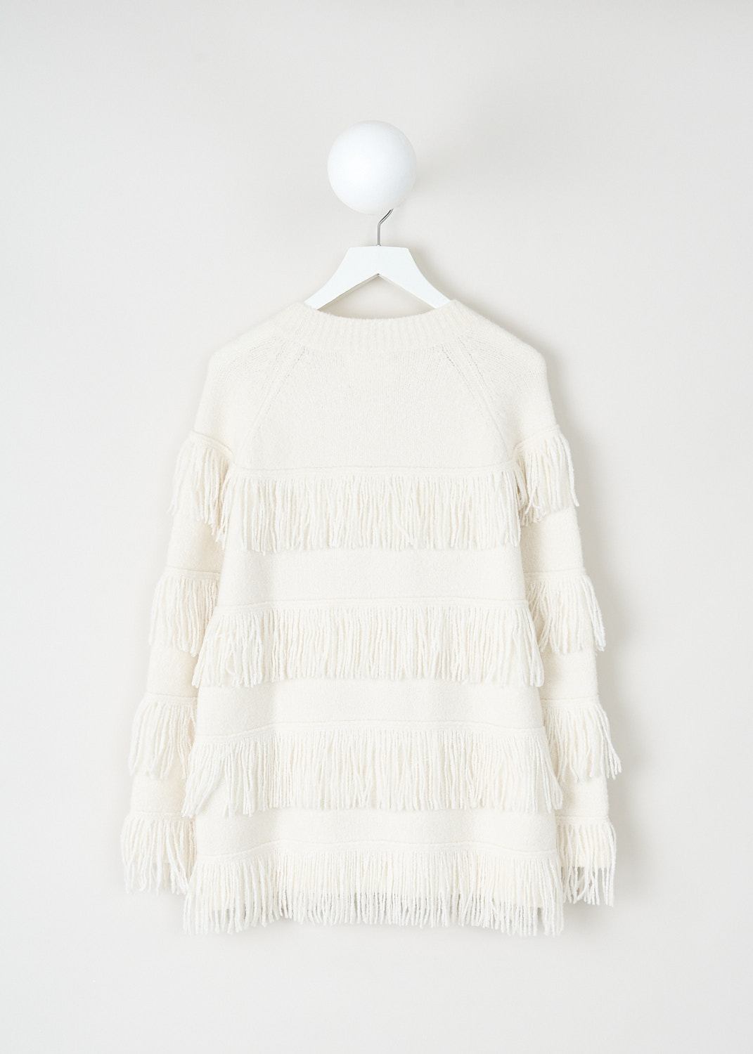 Lisa Yang, Cream bouclé Agneta sweater, 2024277_AGNETA_SWEATER_CREAM_BOUCLE, White, Back, This Cream bouclé Agneta sweater has a round neckline and long sleeves. Fringe-trims runs horizontally along the front and back. The sweater has an oversized fit. 
