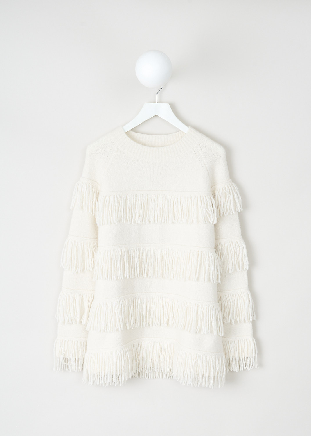 Lisa Yang, Cream bouclé Agneta sweater, 2024277_AGNETA_SWEATER_CREAM_BOUCLE, White, Front, This Cream bouclé Agneta sweater has a round neckline and long sleeves. Fringe-trims runs horizontally along the front and back. The sweater has an oversized fit. 
