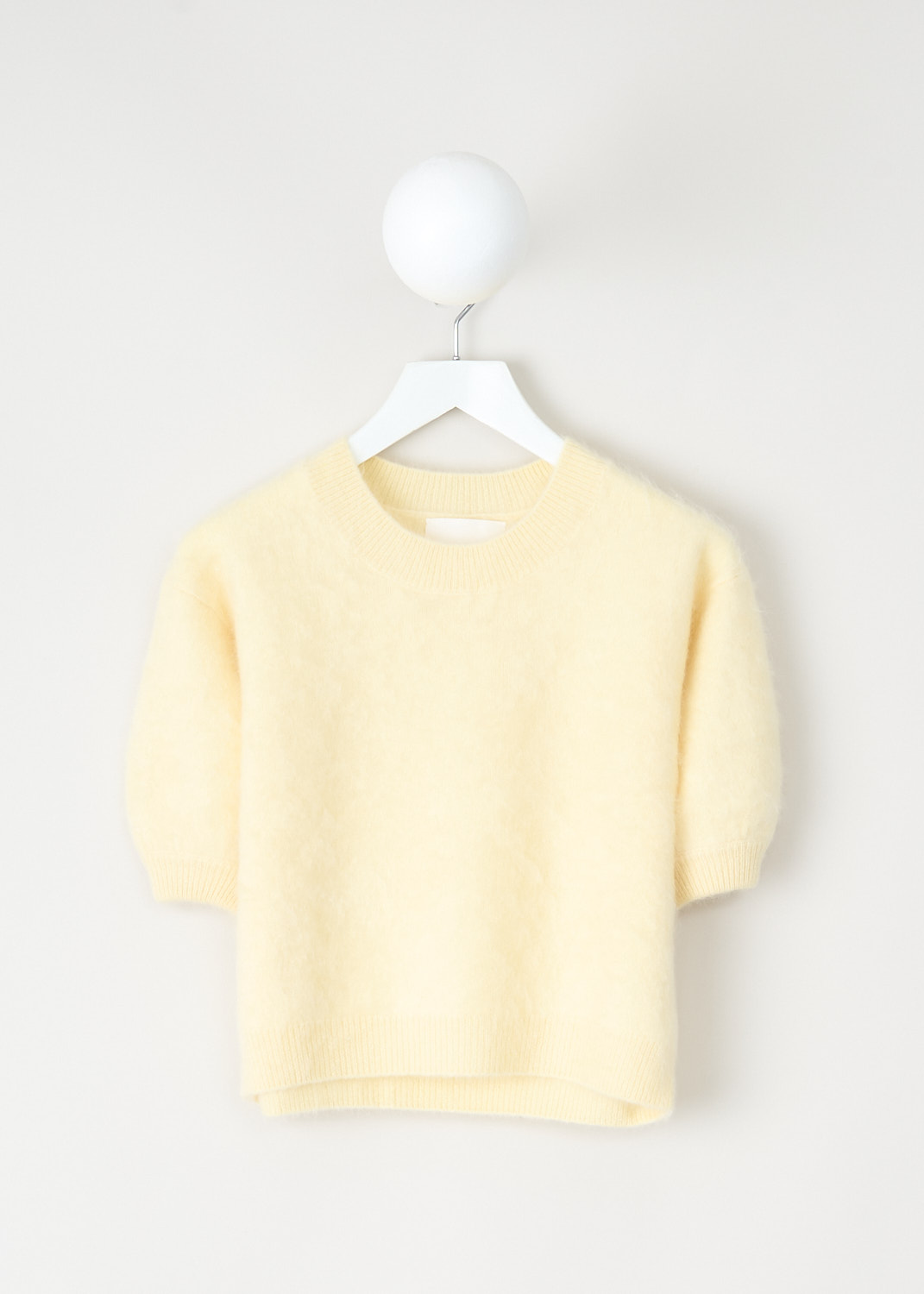 Lisa Yang, Brushed cashmere Juniper sweater in Poppy, 2023253_JUNIPER_SWEATER_POPPY_BRUSHED, Yellow, Front, This brushed cashmere Juniper sweater in the color Poppy has a round neckline and short balloon sleeves. 
