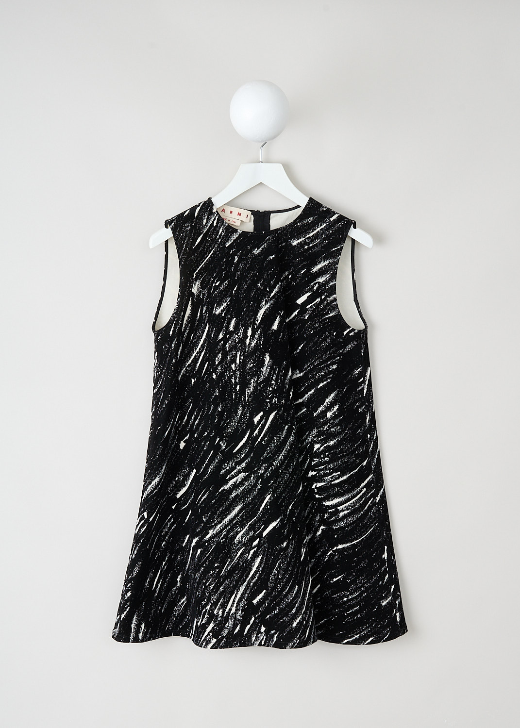 Marni, Black-and-white A-line mini dress, ABJD1344S0_UTC432_CRN99, Black, White, Print, Front, This black-and-white sleeveless A-line mini dress has a round neckline and an A-line silhouette. In the back, a concealed centre zip functions as the closure.

