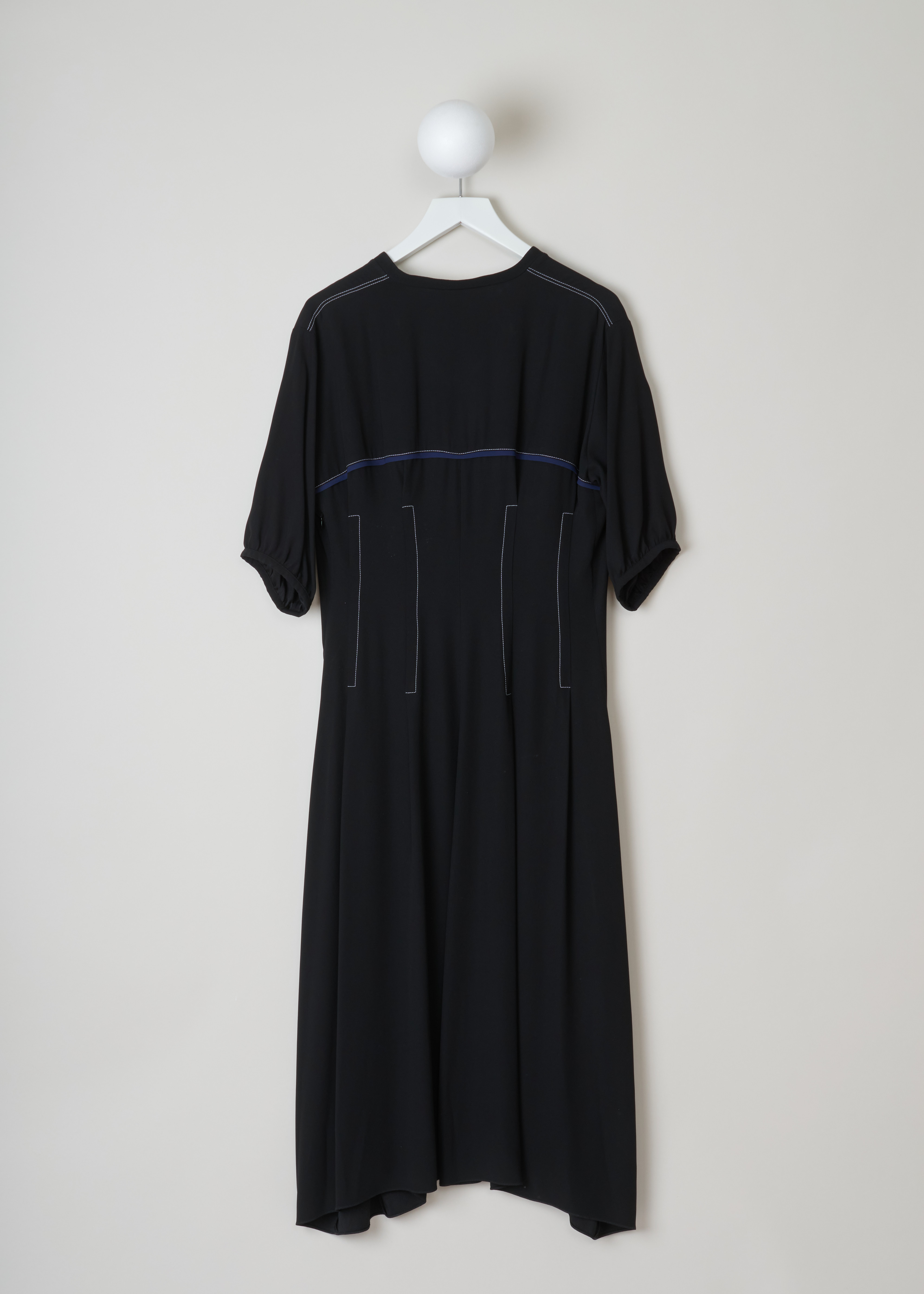 Marni Contrast stitch flared dress black ABMA032910_TV285_00N99_BLACK back. Flared black midi-dress with white contrasting topstitching at the waist, blue bias on the chest, a V-neck, short puff sleeves and an irregular hemline.