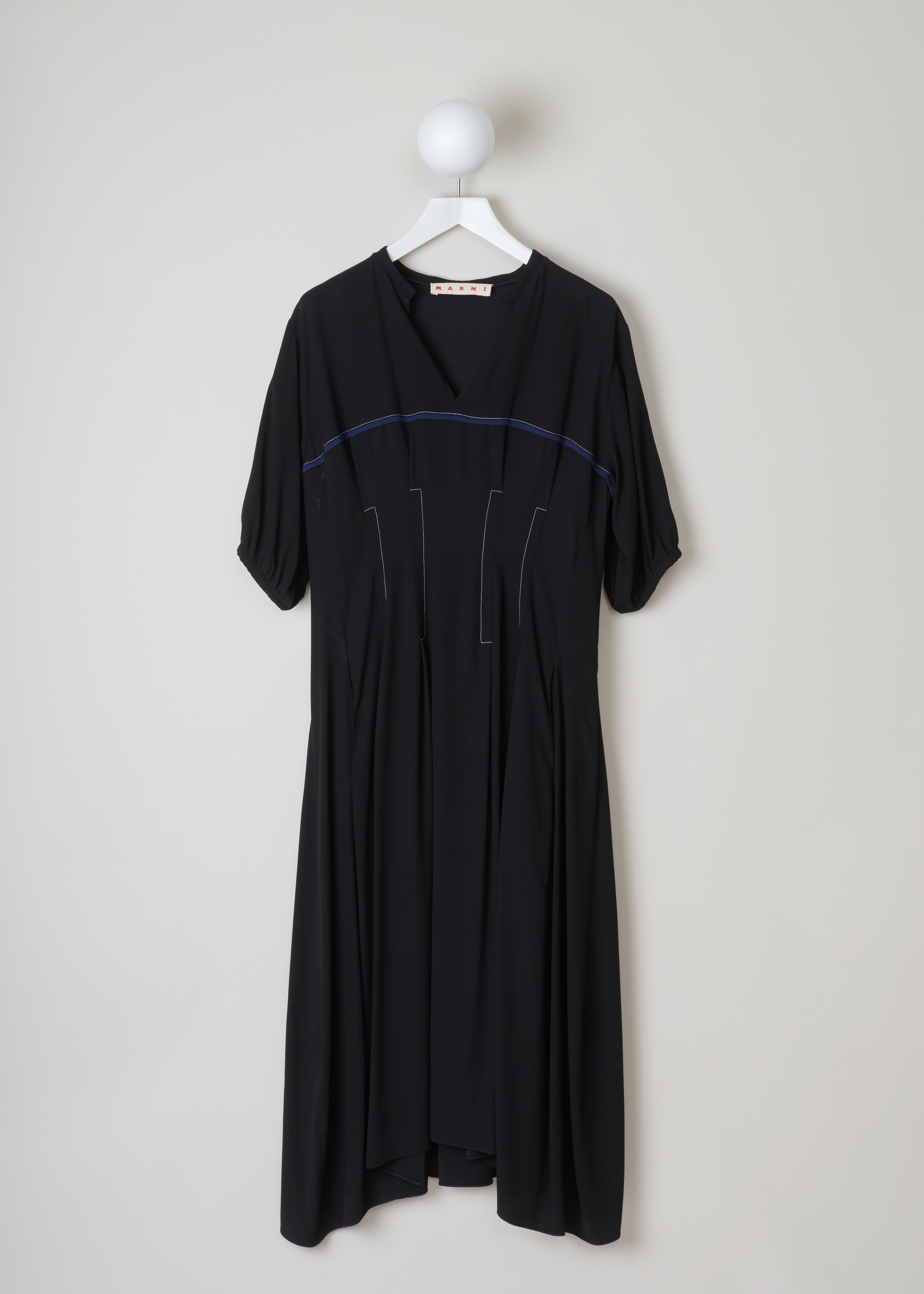 Marni Contrast stitch flared dress black ABMA032910_TV285_00N99_BLACK front. Flared black midi-dress with white contrasting topstitching at the waist, blue bias on the chest, a V-neck, short puff sleeves and an irregular hemline.
