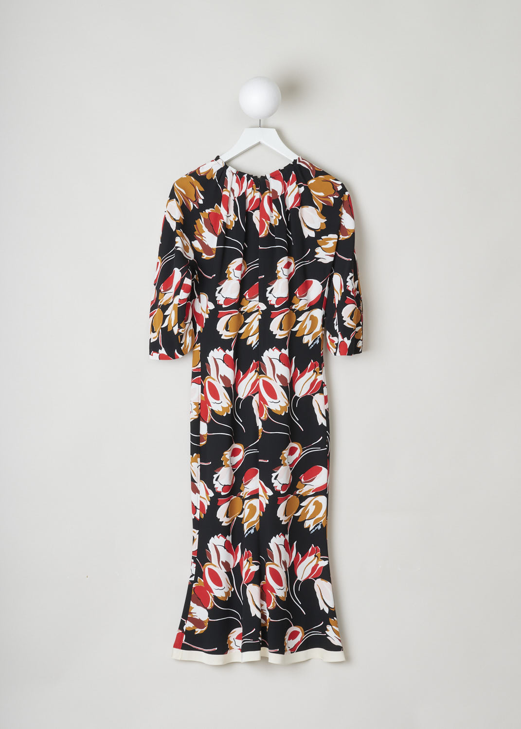MARNI, BLACK MAXI DRESS WITH RED FLORAL PRINT, ABMA0739Q0_UTV844_WIN99, Black, Print, Back, This black maxi dress has a floral print in reds and browns. The dress has a round box-pleated neckline. Those same pleats can be found on the three-quarter sleeves. In the back, a concealed centre zip functions as the closure. The dress has a white satin hemline. 