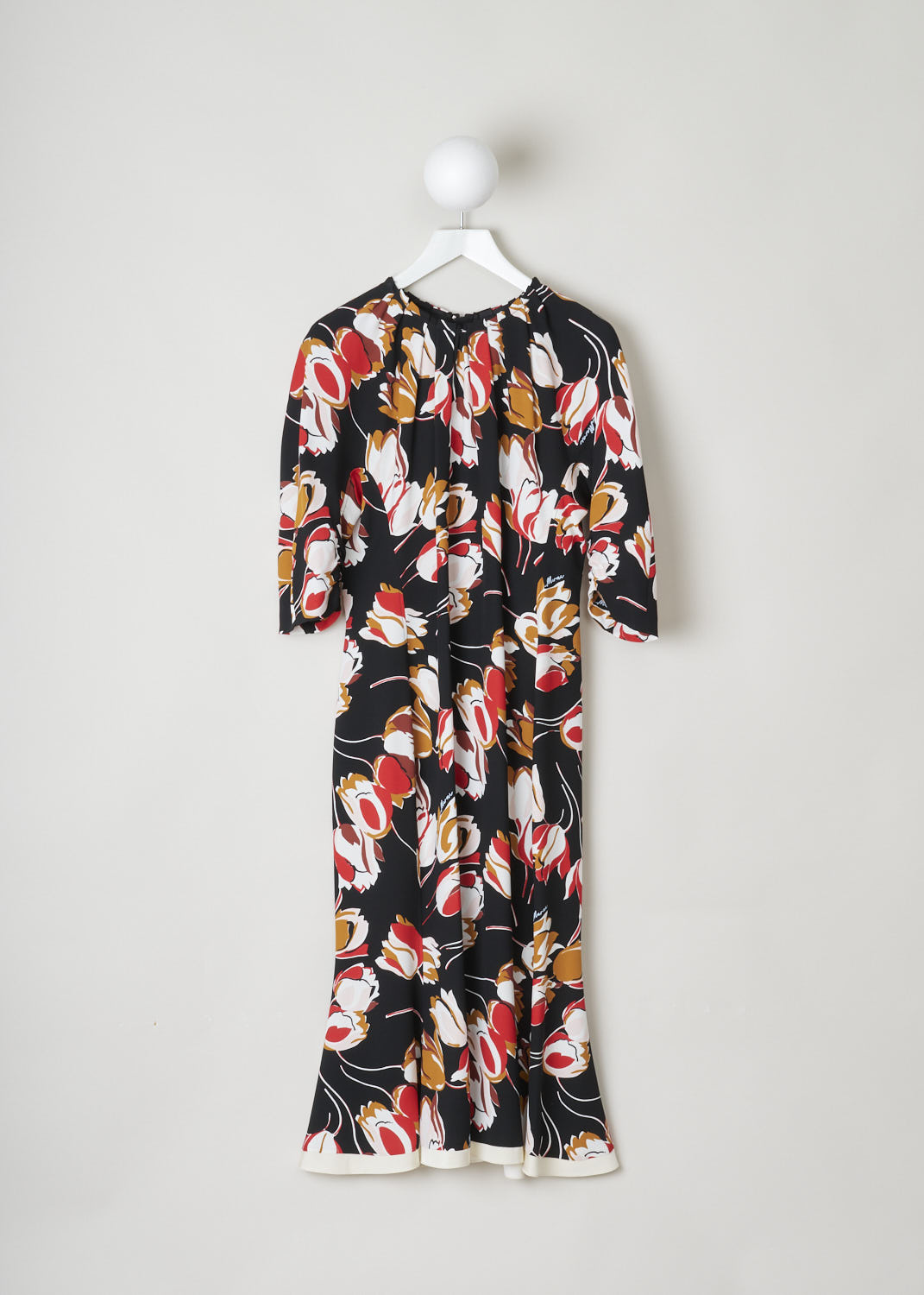 MARNI, BLACK MAXI DRESS WITH RED FLORAL PRINT, ABMA0739Q0_UTV844_WIN99, Black, Print, Front, This black maxi dress has a floral print in shades of reds and browns. The dress has a round, box pleated neckline. Those same pleats can be found on the three-quarter sleeves. In the back, a concealed centre zip functions as the closing option. The dress has a white satin hemline. 
