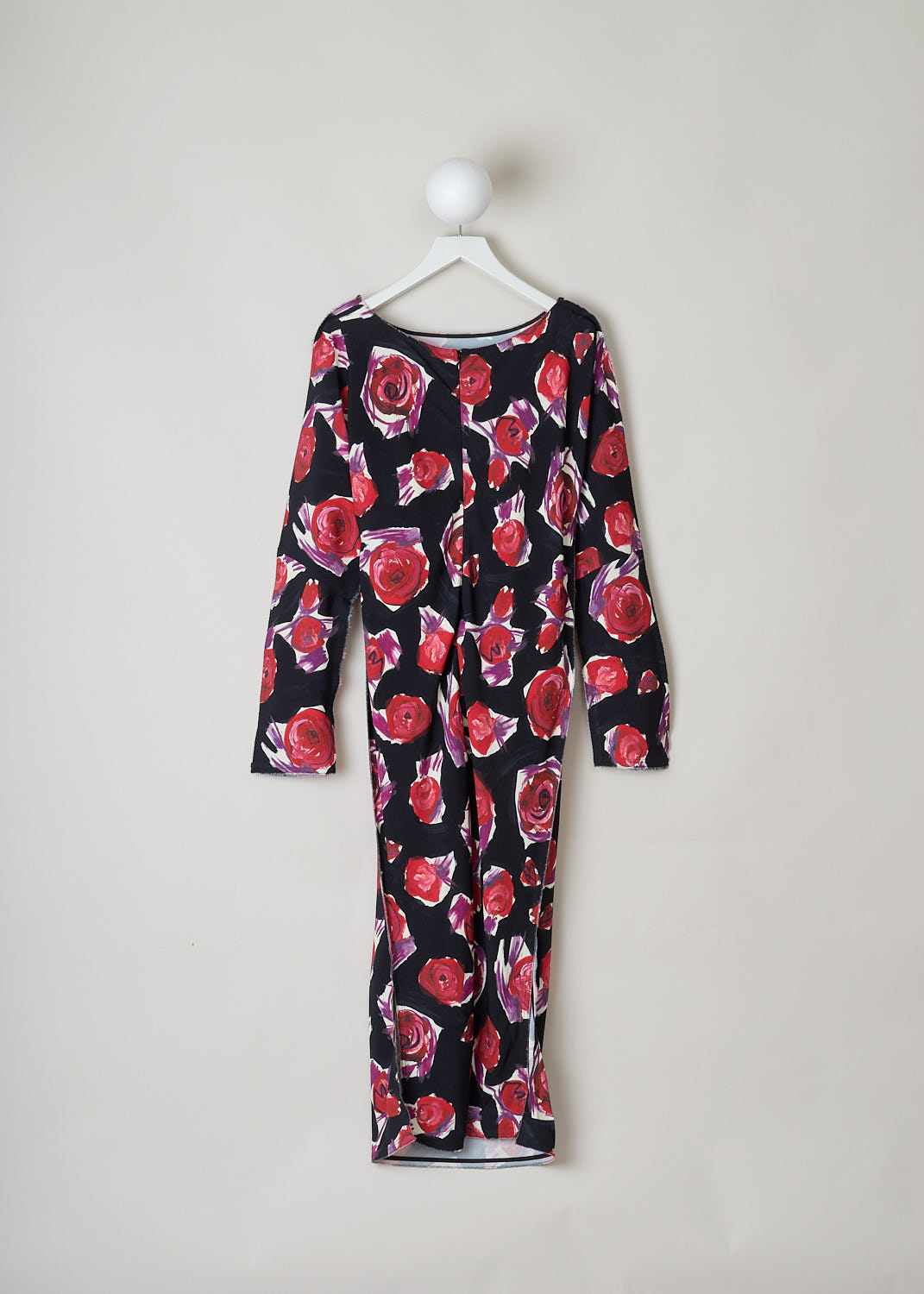 MARNI, ROSE PRINTED MAXI DRESS, ABMA0857A0_UTV908_SRN99, Black, Print, Back, This long sleeve maxi dress has an all-over rose print. The dress features a boat neckline and has a raw hemline throughout. The dress has slits on the sleeves and on the sides of the skirt. In the back, a concealed centre zip functions as closure option.
