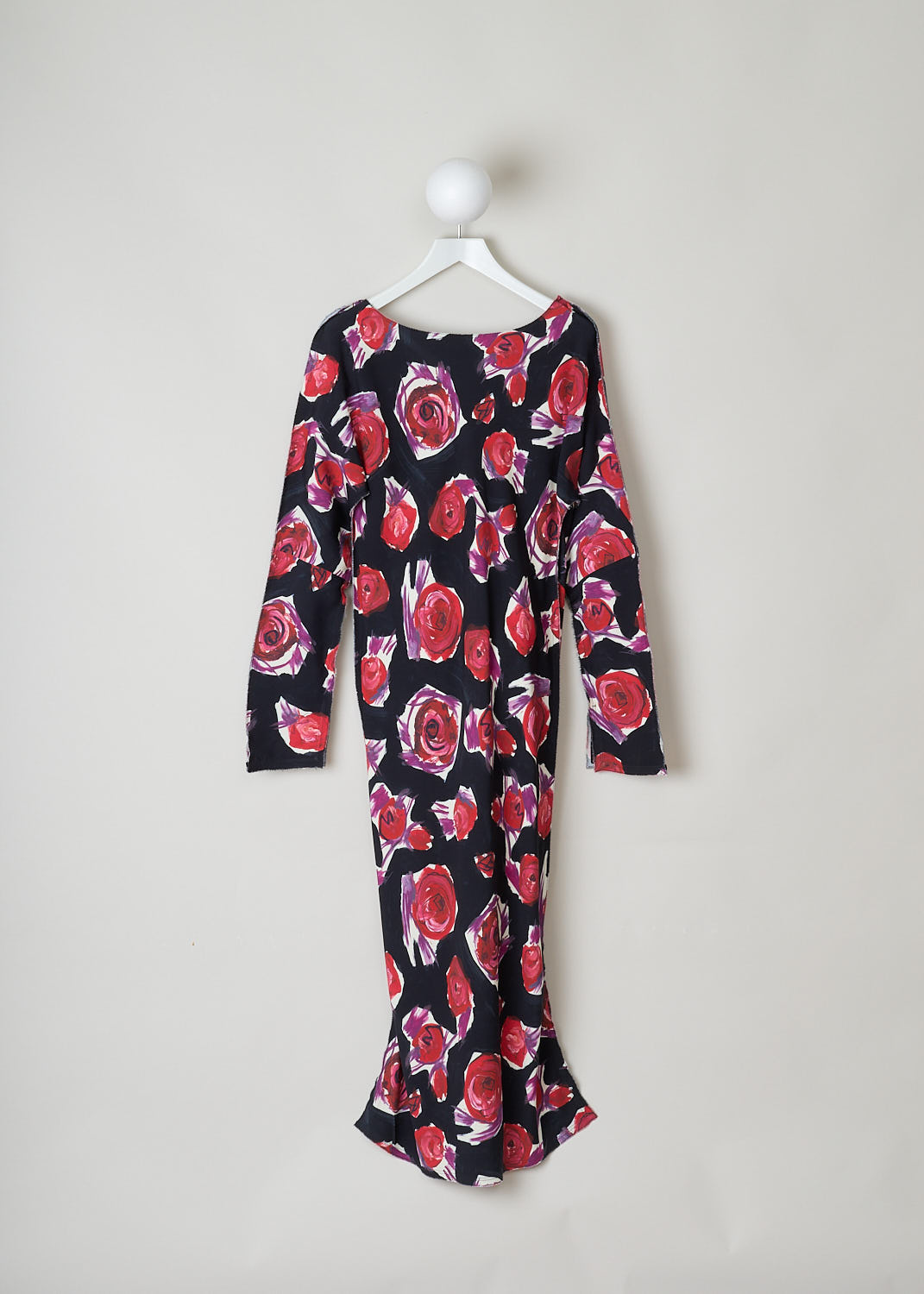MARNI, ROSE PRINTED MAXI DRESS, ABMA0857A0_UTV908_SRN99, Black, Print, Front, This long sleeve maxi dress has an all-over rose print. The dress features a boat neckline and has a raw hemline throughout. The dress has slits on the sleeves and on the sides of the skirt. In the back, a concealed centre zip functions as closure option.
