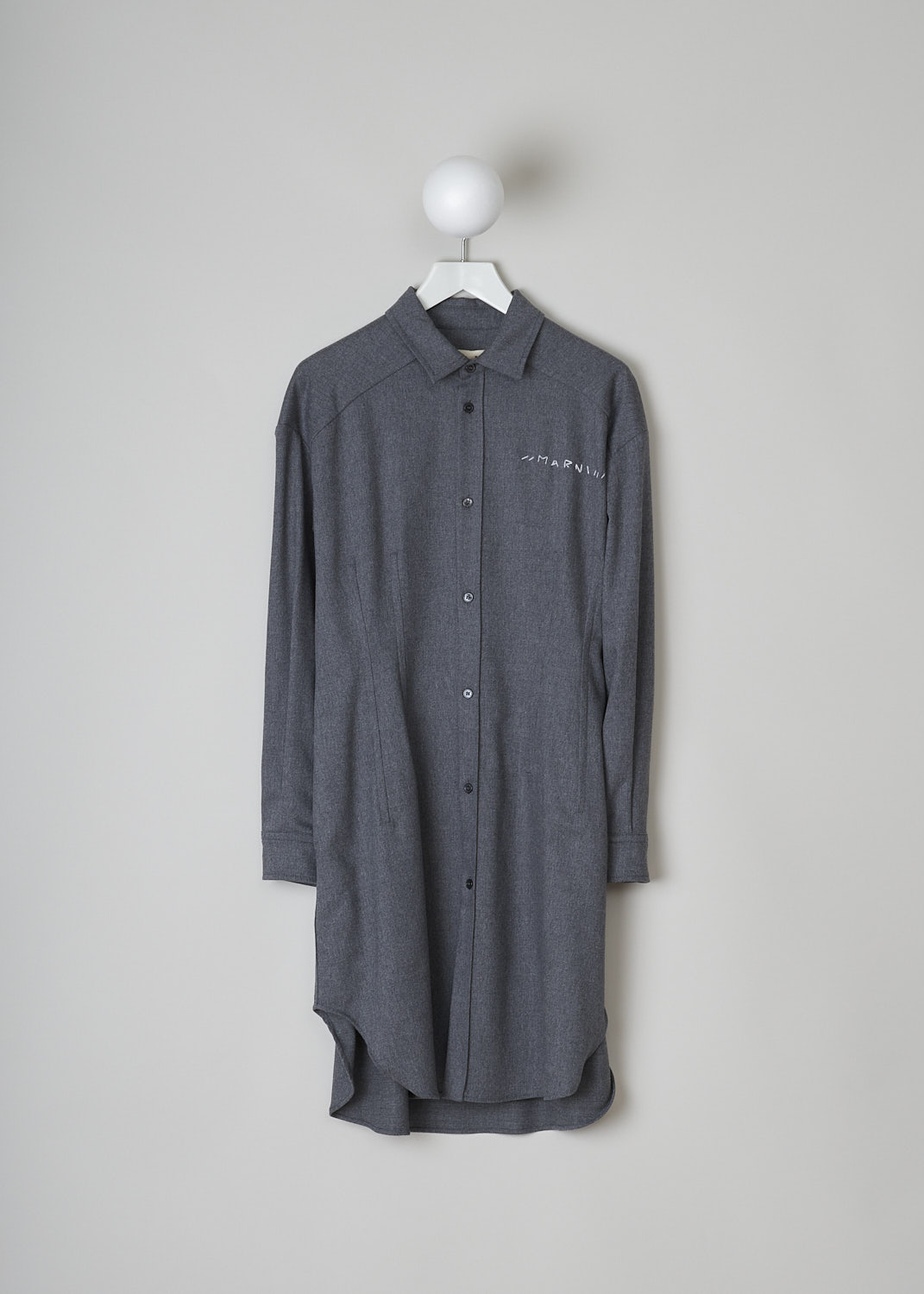 MARNI, FLANNEL GREY SHIRT DRESS, ABMA0909S0_UTW970_00N80, Grey, Front, This grey flannel shirt dress has a classic collar and a button placket in the front. The long sleeves have buttoned cuffs. To one side on the chest, the brand's logo is stitched on in white. The dress is fitted with darts on the waist. Slant pockets are concealed in the side seams. The dress has a rounded hemline.  

