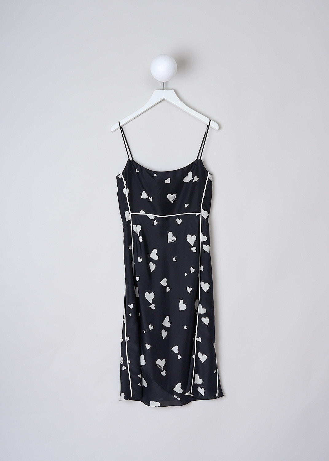 MARNI, BUNCH OF HEARTS SILK SLIP DRESS, ABMA1076I0_UTSG03_BHN99, Black, White, Print, Back, This Bunch Of Hearts silk midi slip dress has a black base color with a white heart print. The slip-on dress has spaghetti straps and a round neckline. White pipping runs along the seams throughout. The straight hem hits below the knee. The dress is fully lined. 
