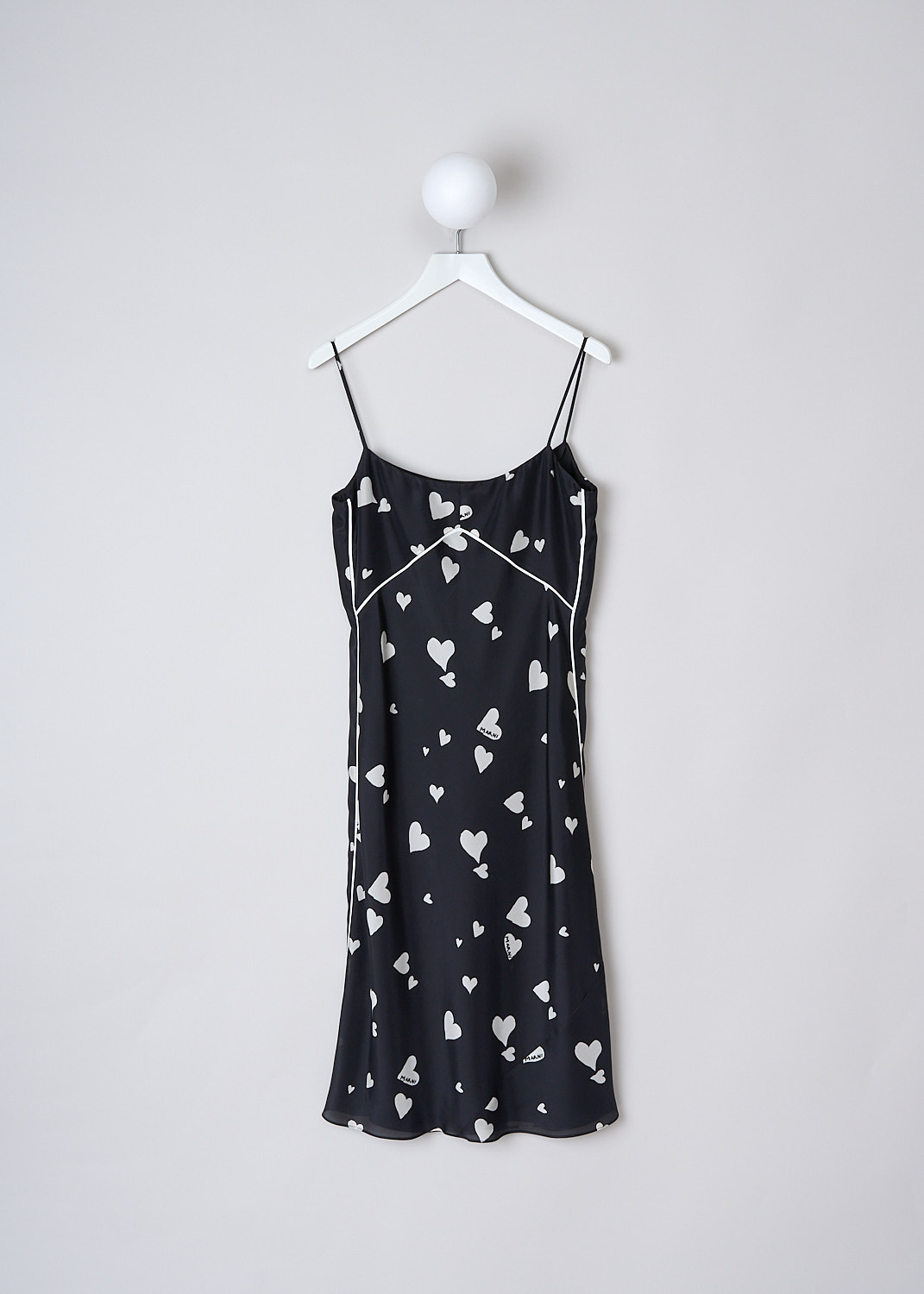 MARNI, BUNCH OF HEARTS SILK SLIP DRESS, ABMA1076I0_UTSG03_BHN99, Black, White, Print, Front, This Bunch Of Hearts silk midi slip dress has a black base color with a white heart print. The slip-on dress has spaghetti straps and a round neckline. White pipping runs along the seams throughout. The straight hem hits below the knee. The dress is fully lined. 
