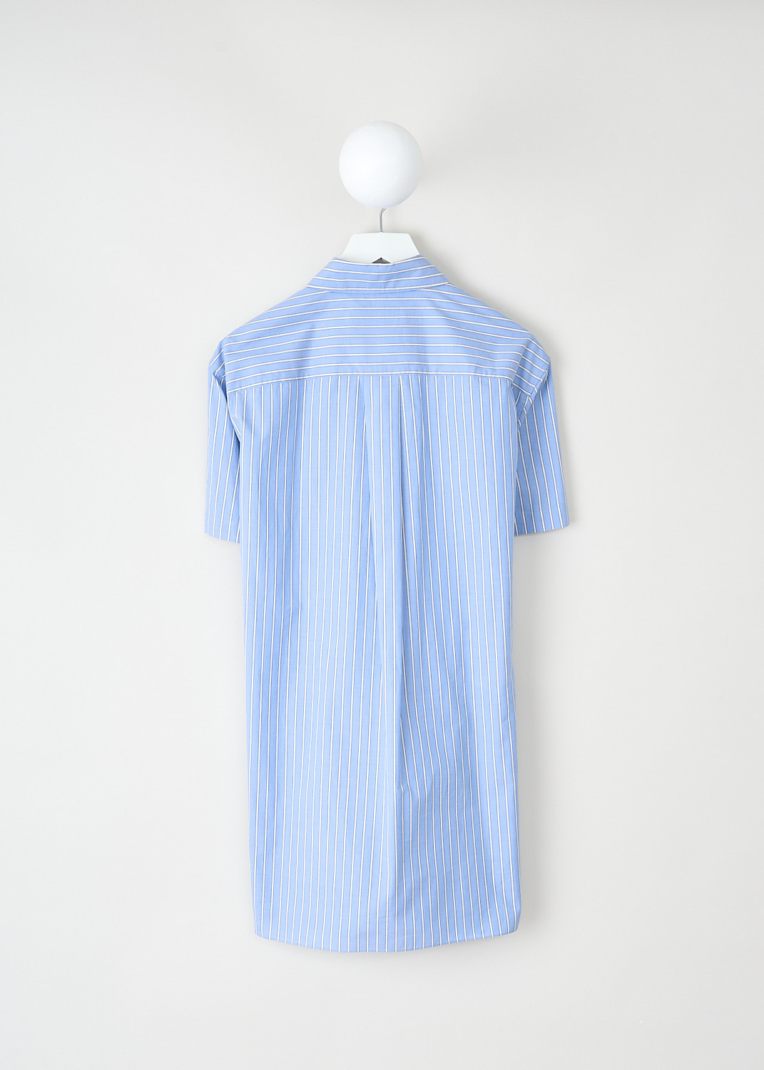 Marni, Light blue striped shirt dress, ABMA1379S0_UTC455_STB61,  Blue, White, Print, Back, This light blue striped shirt dress has a classic collar, short sleeves and a front button closure. On the front, the dress has a single breast pocket. The dress has a pleated skirt.

