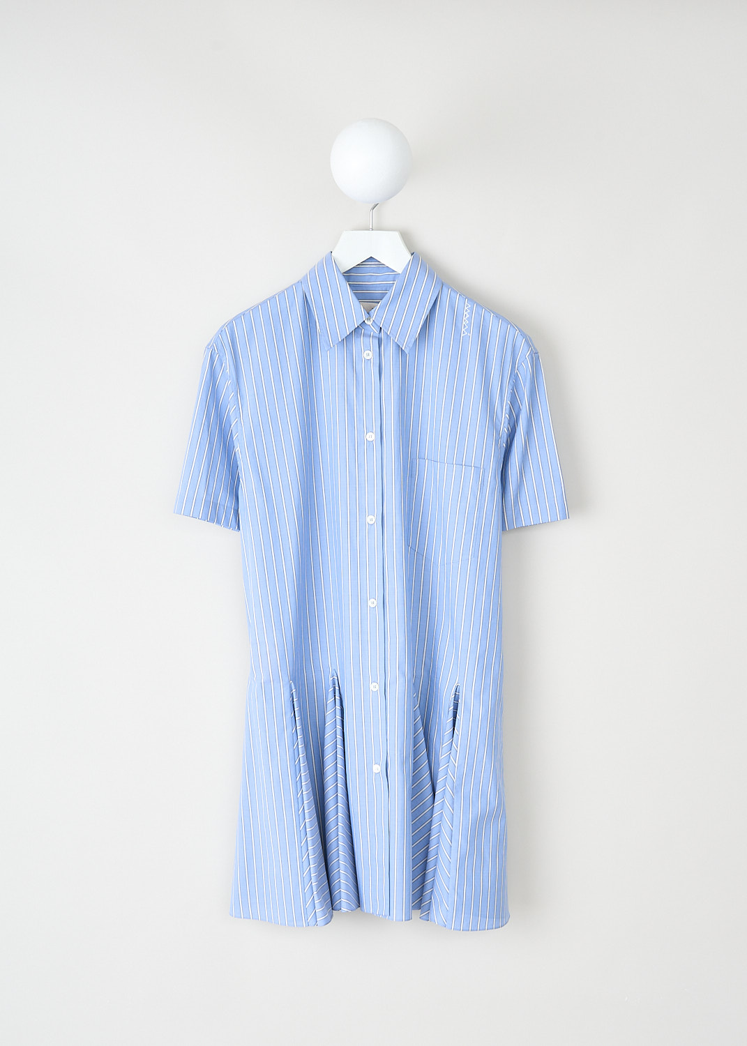 Marni, Light blue striped shirt dress, ABMA1379S0_UTC455_STB61,  Blue, White, Print, Front, This light blue striped shirt dress has a classic collar, short sleeves and a front button closure. On the front, the dress has a single breast pocket. The dress has a pleated skirt.

