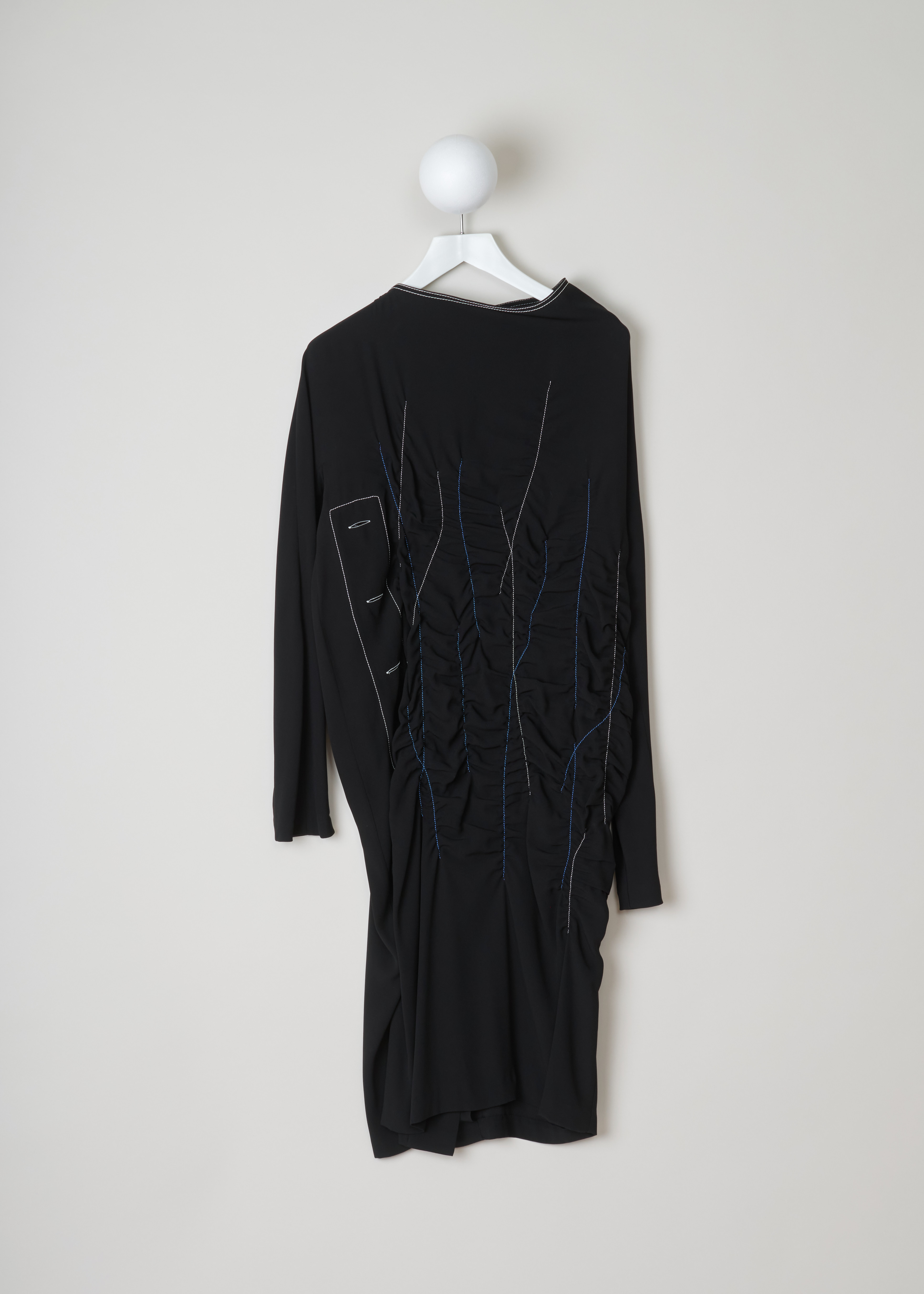 Marni Elasticated black dress ABMAZ51M00_TV285_00N99 black front. Long sleeves black dress with contrasting blue and white elastic stitching to create gathers in the mid-section of the dress.
