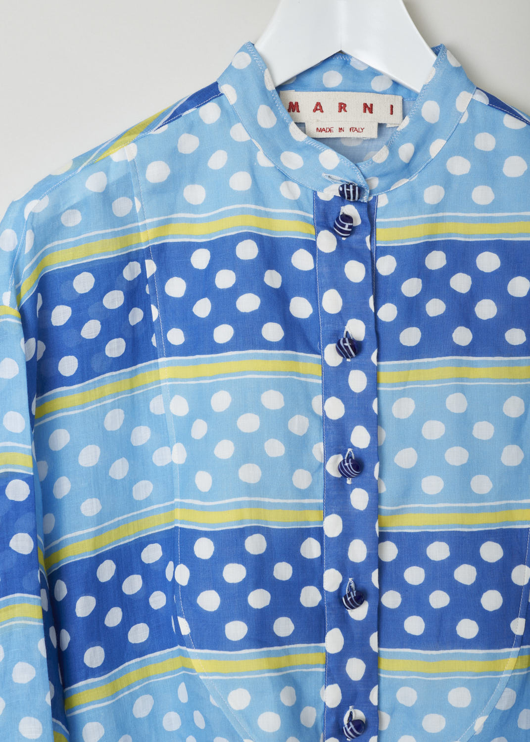 MARNI, COLORFUL CROPPED DOTS AND STRIPES BLOUSE, CAMA0459A0_UTR023_DSB57, Blue, Print, Detail, This cheerfully printed blouse features a mandarin collar. Across the front, seven decorated glass buttons form the closure option. Those same buttons can be found on the cuffs. This model has a boxy fit with a cropped length.  
