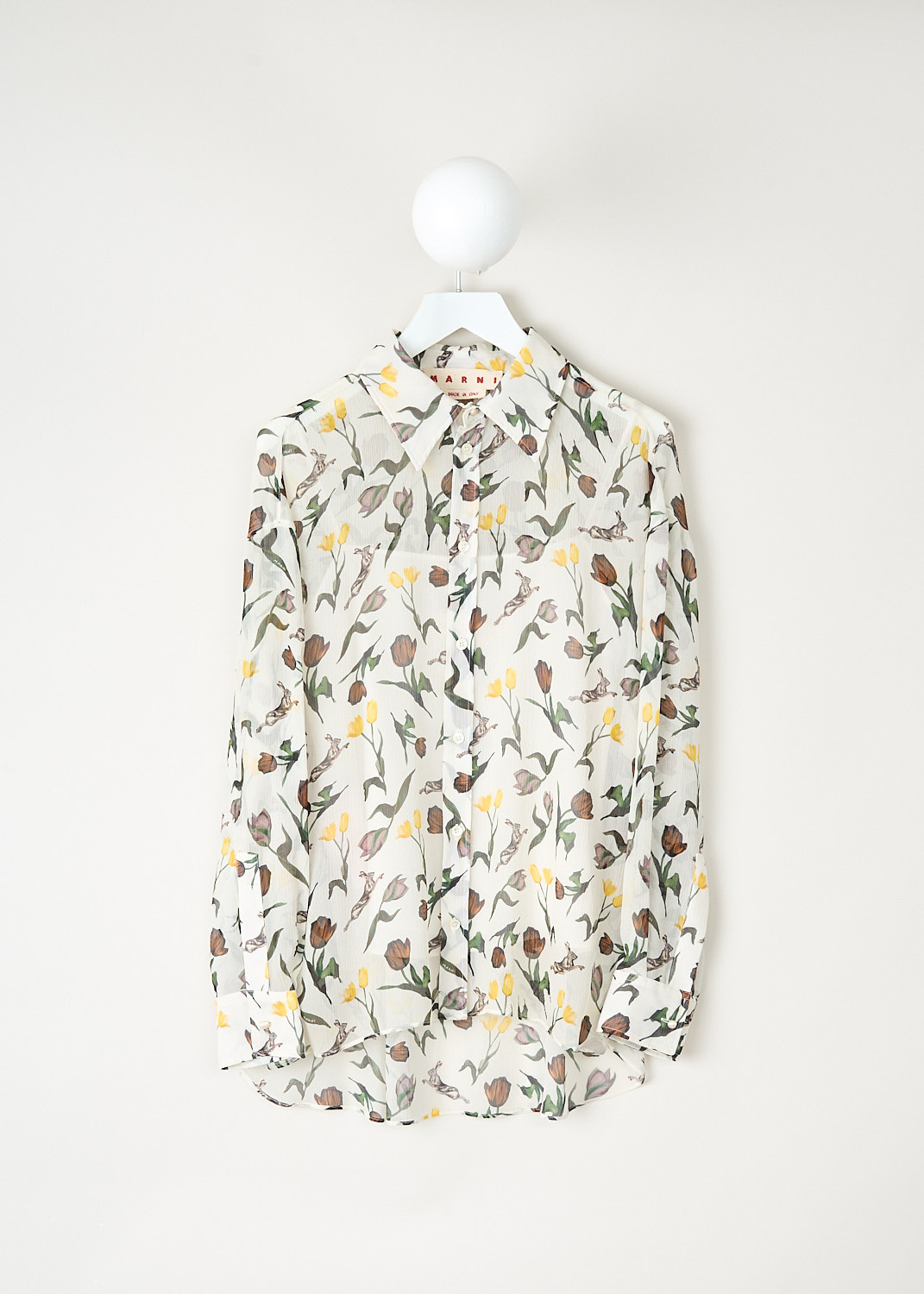 Marni semi-sheer blouse with tulips and hares print, classic collar and front button closure, available at Kiki's Stocksale designer outlet Maastricht.