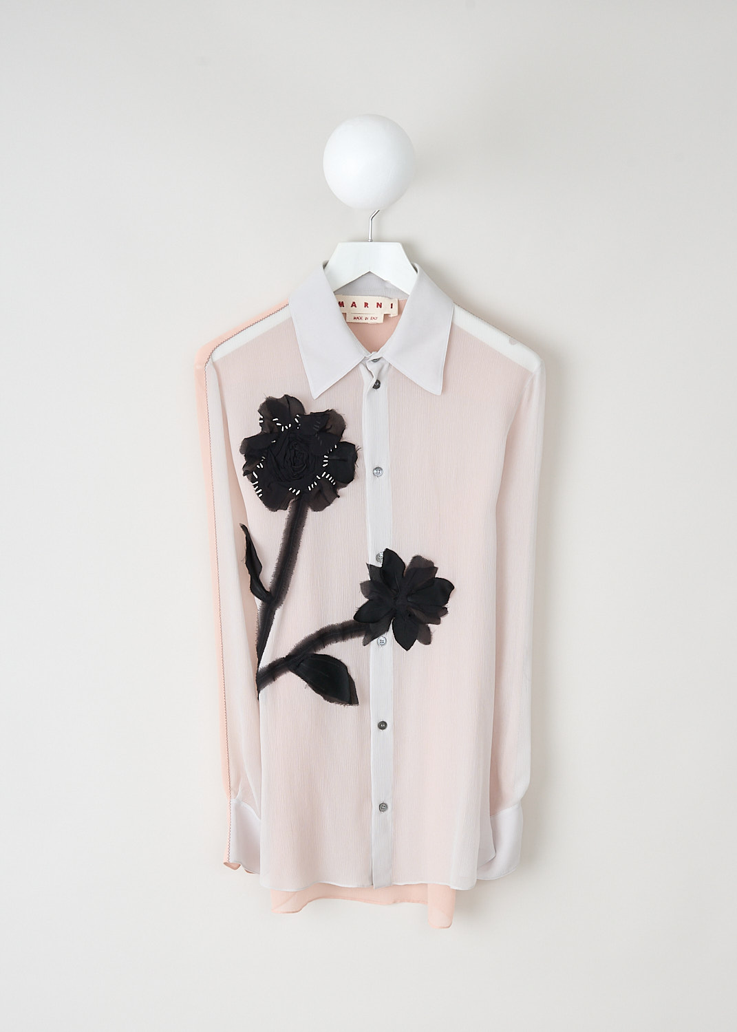 Marni, Soft pink blouse with floral-appliqué, CAMA0606X1_UTSG22_00N15, Pink, Front, This semi see-through soft pink blouse has a black tulle floral-appliqué on the front. The blouse has a classic collar and a front button closure. The long sleeves have buttoned cuffs. In the back, the blouse has a centre box pleat. The blouse has a rounded hem. 
