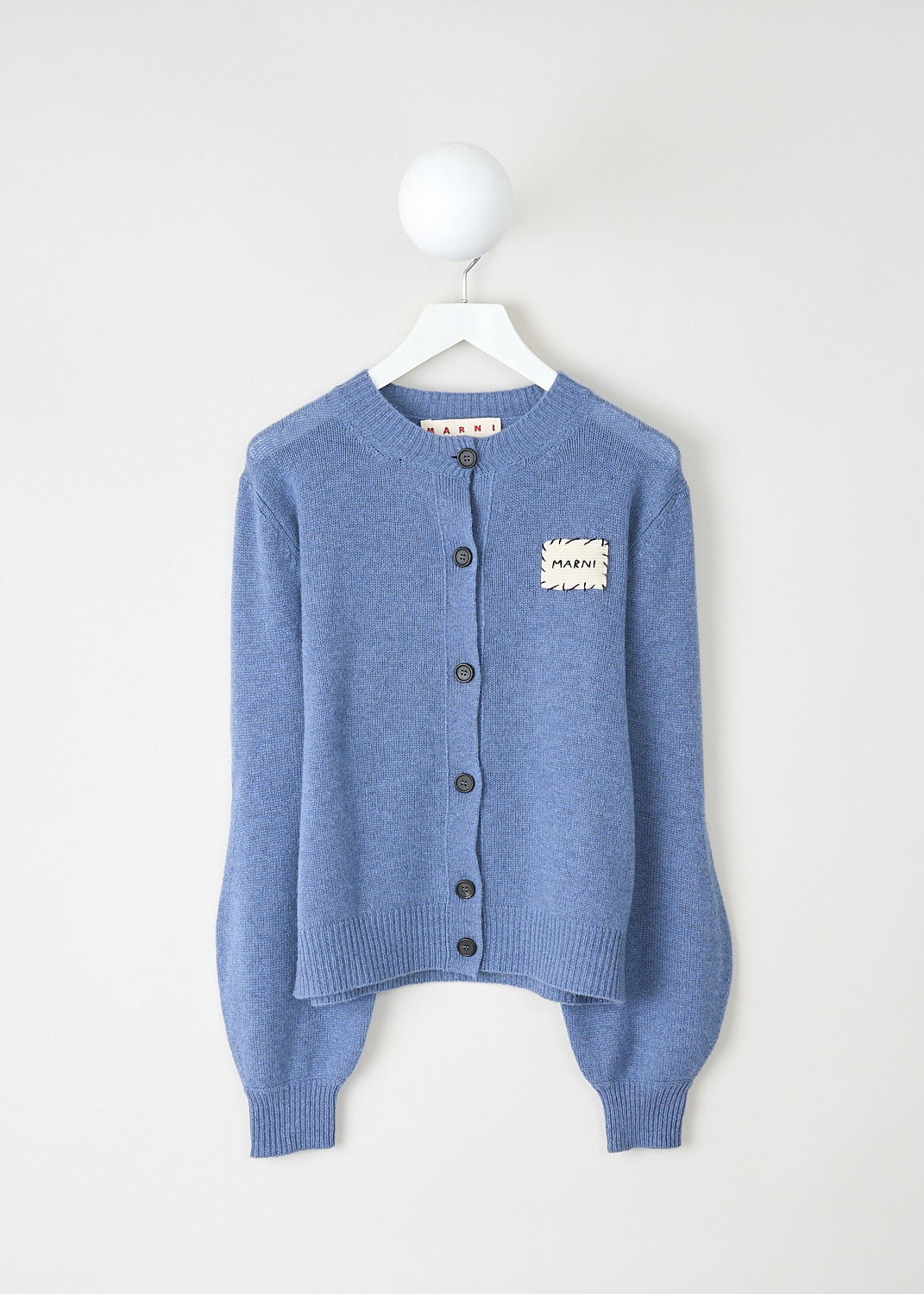 Marni, Light blue cardigan with balloon sleeves, CDMD0353A0_UFX325_00B37, Blue, Front, This light blue cardigan has a round neckline and a front button closure. The long balloon sleeves have straight endings. To one side, the brand's logo has been embroidered as a patch on the chest. 
