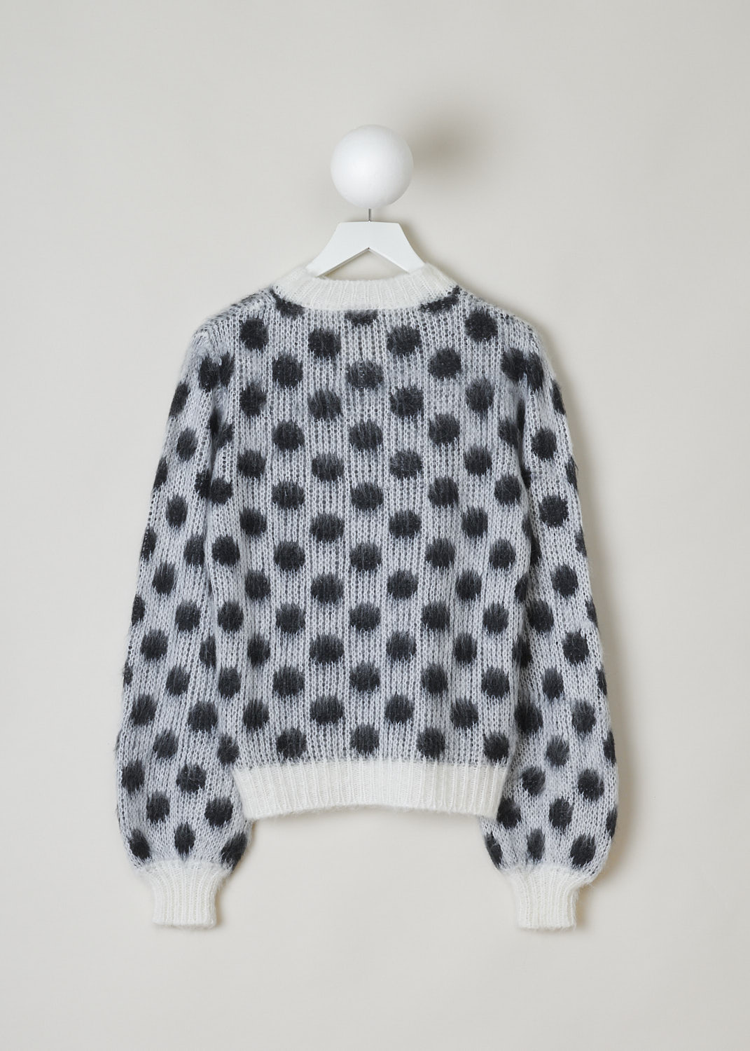MARNI, BRUSHED DOTS FUZZY WUZZY SWEATER, GCMMD0476Q0_UFU160_DOW0, Grey, Print, Black, Back, This brushed dots Fuzzy Wuzzy crew neck sweater has a white neckline with a ribbed finish. That same white ribbed finish can be found on the cuffs and hemline. The sweater has a two-tone dot pattern in grey and black.
