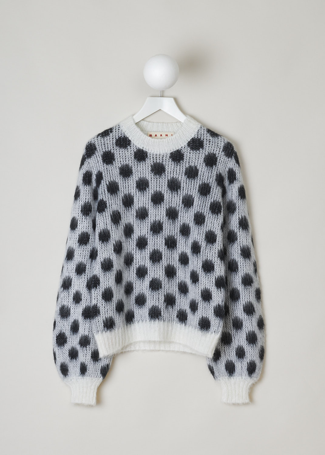 MARNI, BRUSHED DOTS FUZZY WUZZY SWEATER, GCMMD0476Q0_UFU160_DOW0, Grey, Print, Black, Front, This brushed dots Fuzzy Wuzzy crew neck sweater has a white neckline with a ribbed finish. That same white ribbed finish can be found on the cuffs and hemline. The sweater has a two-tone dot pattern in grey and black.

