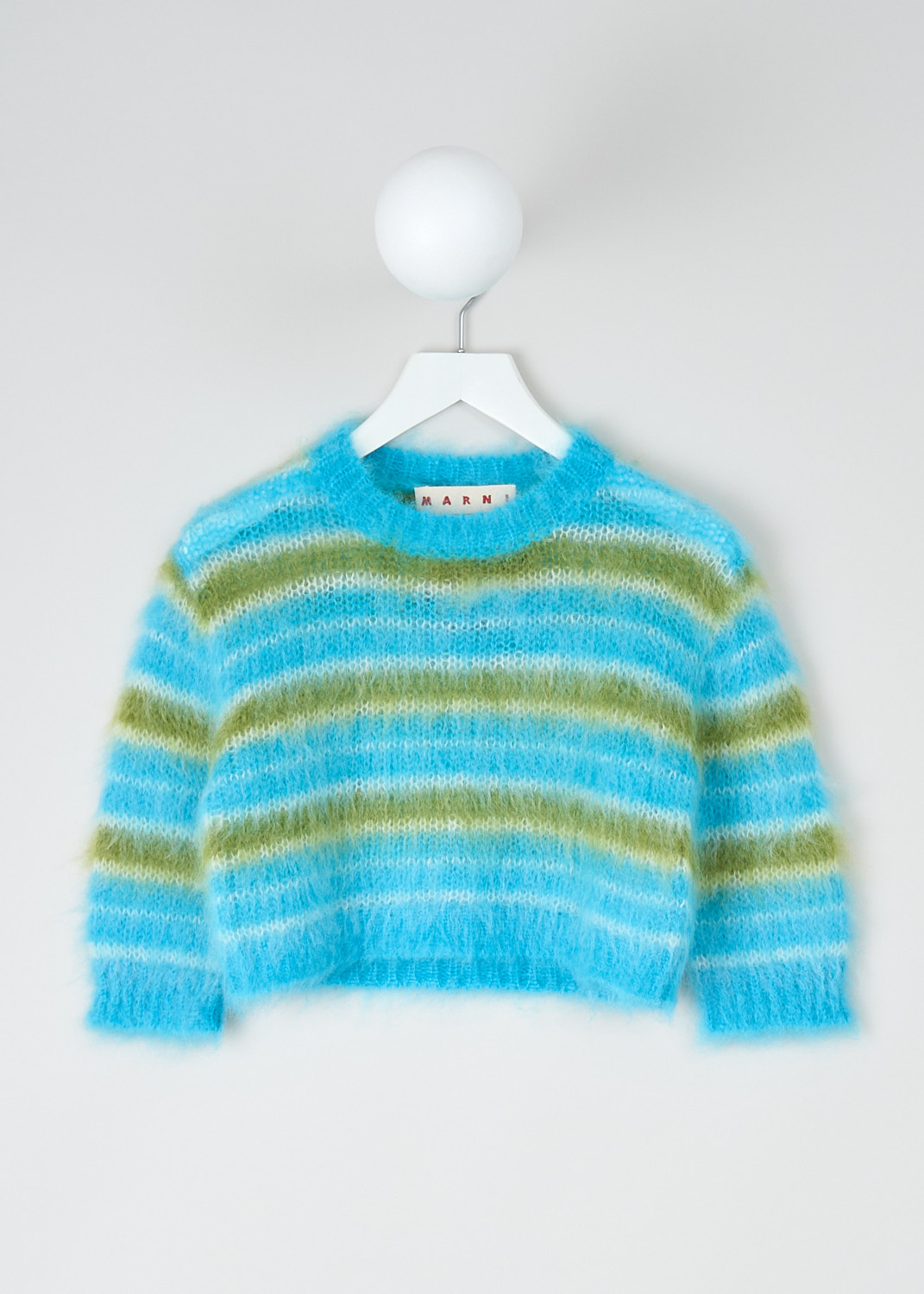 Marni, Cobalt blue Fuzzy Wuzzy mohair sweater, GCMD0503Q0_UFU191_RGB44, Blue, Green, Print, Front, This cobalt blue iconic brushed Fuzzy Wuzzy mohair sweater has a green and blue striped print. The sweater has a round neckline. The three-quarter sleeves have a straight hem. The sweater has a cropped length.  
