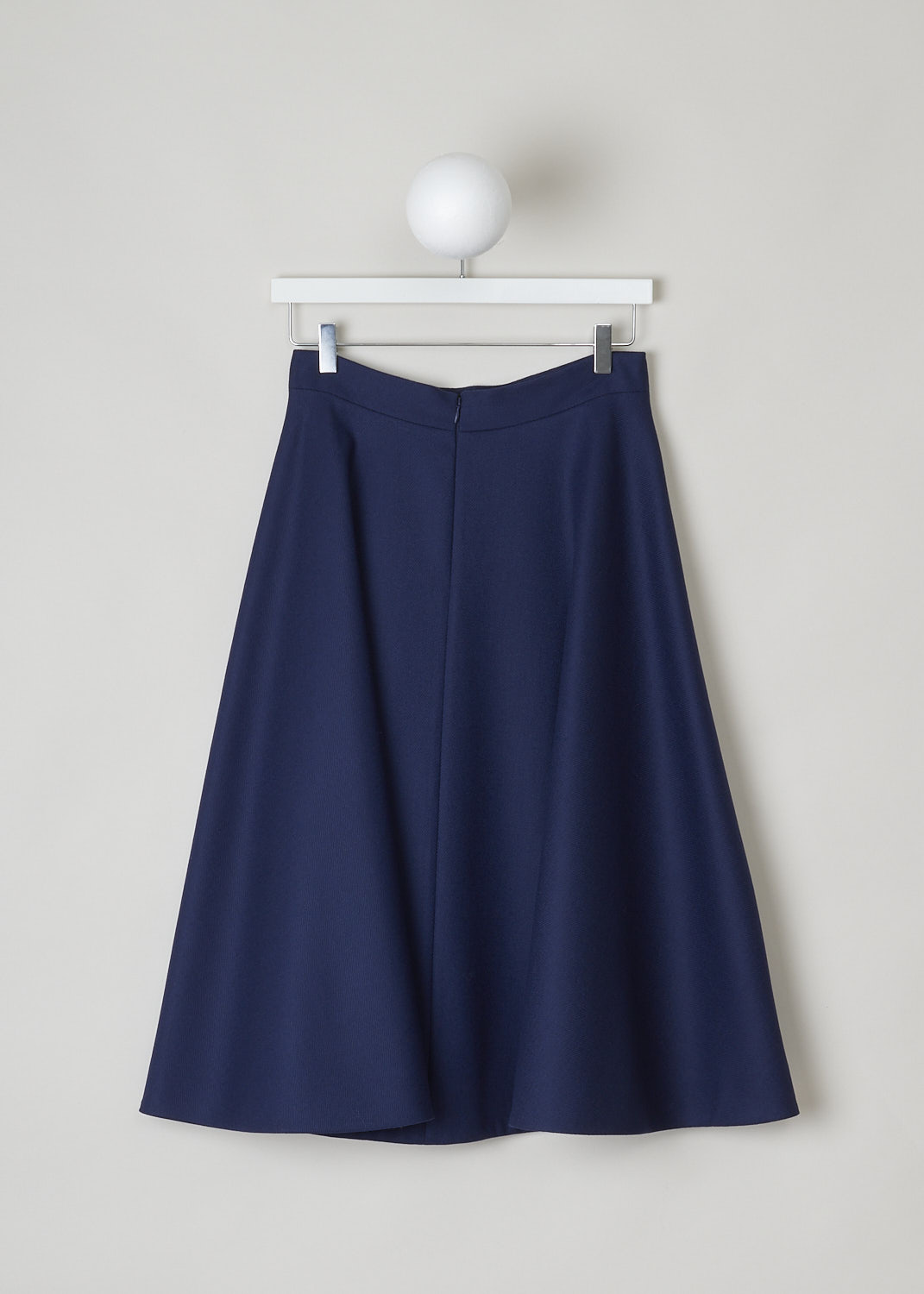 MARNI, NAVY BLUE WOOL MIDI SKIRT, GOMA0300U0_TW902_00B81, Blue, Back, This navy blue wool midi skirt has an A-line silhouette with a straight hemline. The skirt has a concealed centre zip in the back. 

