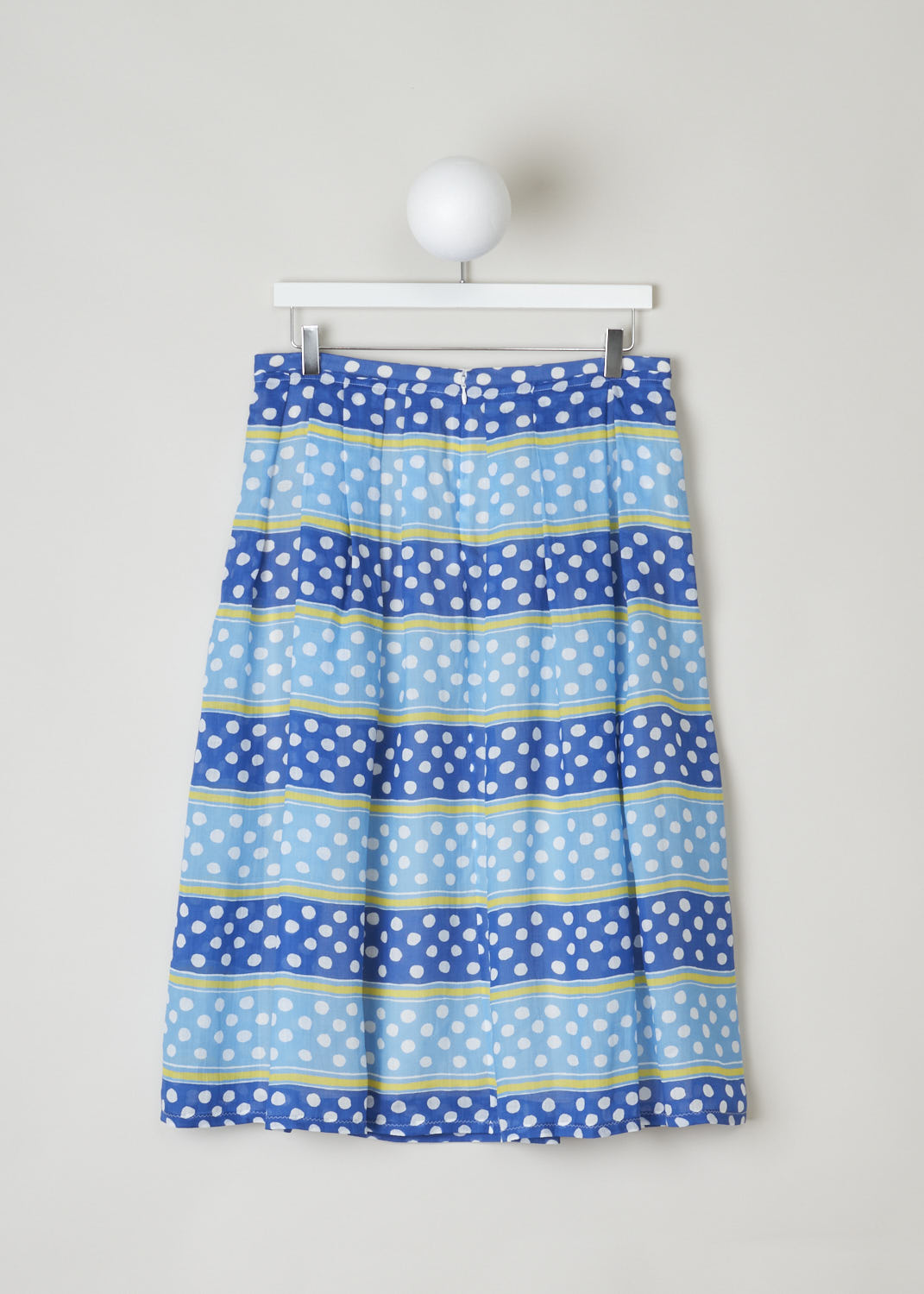 MARNI, COLORFUL DOTS AND STRIPES SKIRT, GOMA0420A0_UTR023_DSB57, Blue, Print, Back, This colorful dots and stripes midi skirt is pleated throughout. The skirt has a layered hem around the waist with white stitching. In the back the concealed zipper and snap closure can be found.