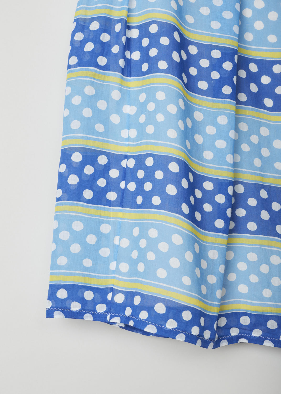 MARNI, COLORFUL DOTS AND STRIPES SKIRT, GOMA0420A0_UTR023_DSB57, Blue, Print, Detail 1, This colorful dots and stripes midi skirt is pleated throughout. The skirt has a layered hem around the waist with white stitching. In the back the concealed zipper and snap closure can be found.