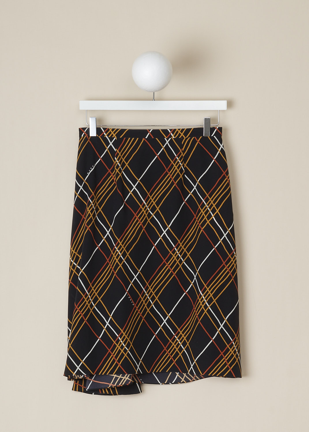 MARNI, WILDS ROADS ASYMMETRIC SKIRT, GOMA0497A0_UTSF88_WRN99, Black, Print, Orange, Back, This Wild Roads skirt has a black base color with an orange and white criss-cross print. A concealed side zip functions as the closure option. The skirt has a godet inset on the front, creating an asymmetrical silhouette. 
