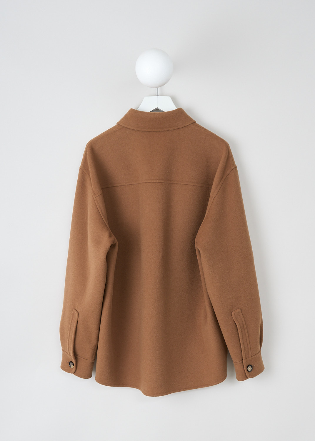 Marni, Earth of Siena double face wool jacket, JKMA0226KU_TW840_00M20, Brown, Back, This brown Earth of Siena double face wool coat has a classic collar and a front button closure with circular tortoise buttons. The long sleeves have buttoned cuffs. On the front, a single patch pocket can be found. Slanted pockets are concealed in the side seam. The coat has a straight hemline. 

