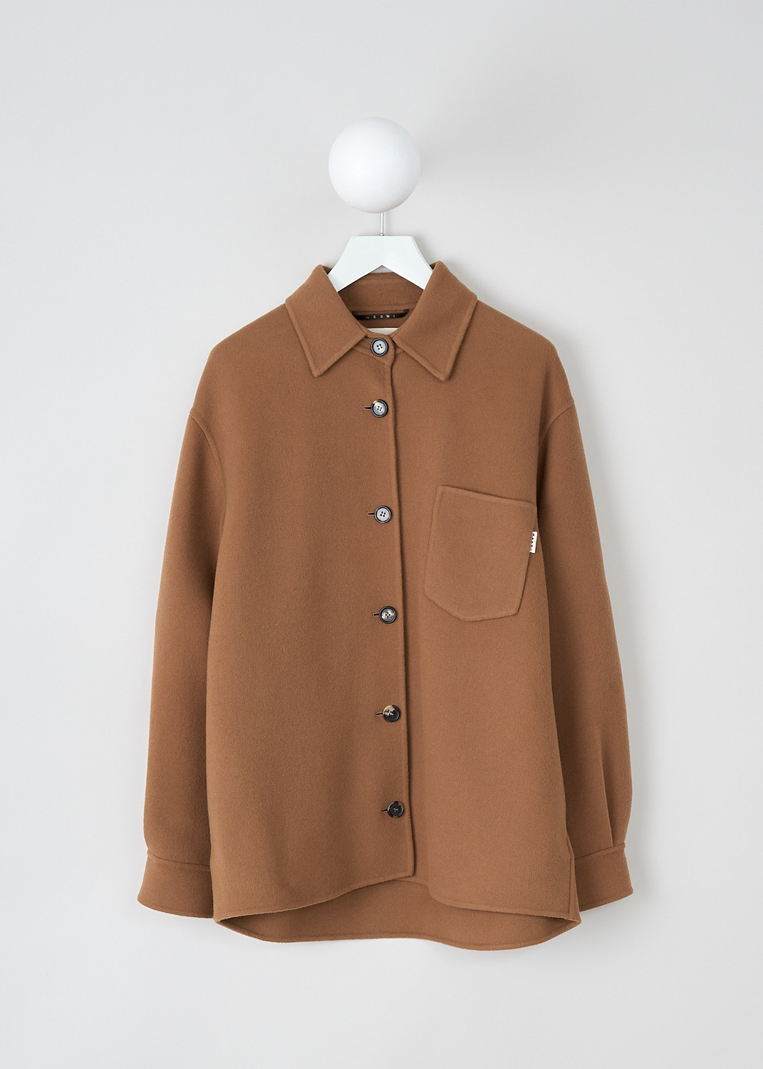 Marni, Earth of Siena double face wool jacket, JKMA0226KU_TW840_00M20, Brown, Front, This brown Earth of Siena double face wool coat has a classic collar and a front button closure with circular tortoise buttons. The long sleeves have buttoned cuffs. On the front, a single patch pocket can be found. Slanted pockets are concealed in the side seam. The coat has a straight hemline. 

