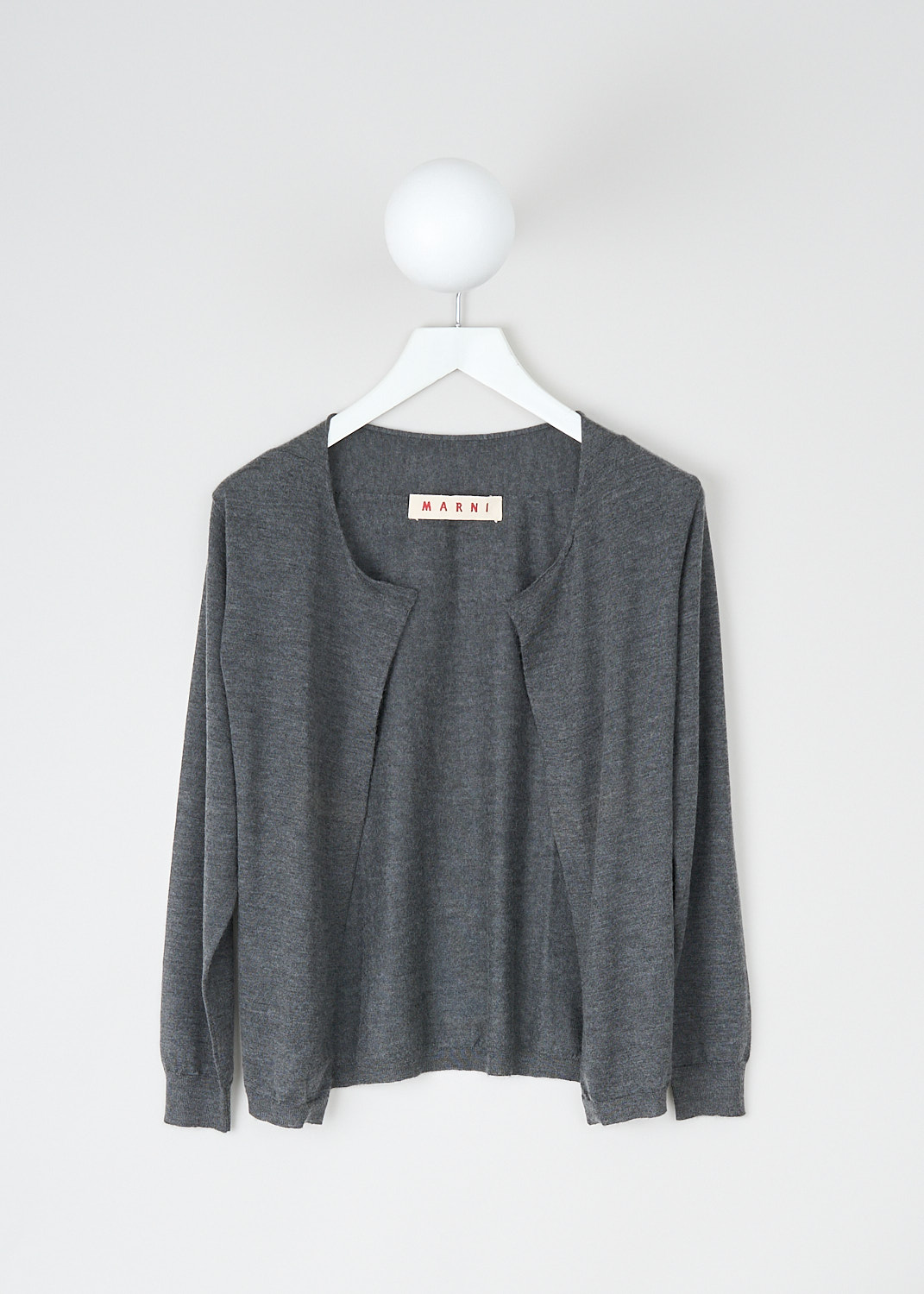 Marni, Tempesta open cardigan, MGMD916A00_FZ002_00A11, Grey, Front, This dark grey open-knit cardigan has long sleeves with ribbed cuffs and a ribbed hemline. 

