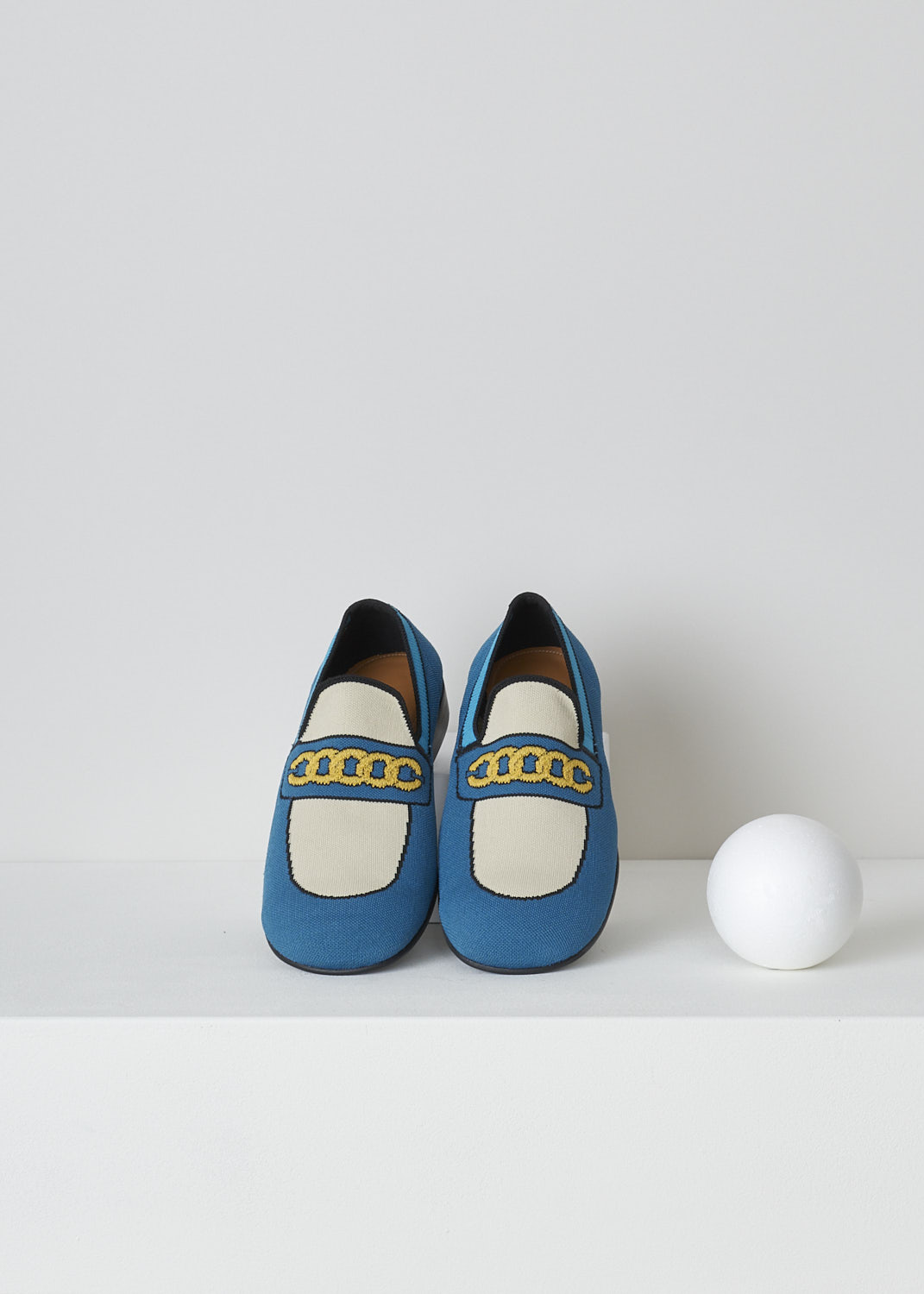 MARNI, BLUE TROMPE L'OEIL JACQUARD MOCASSINS, MOMS003601_P4547_ZO122, Blue, Top, These blue knitted moccasins have a trompe l'oeil image woven into them which depicts the different parts of the shoe and a gold chain across the vamp. These moccasins have a round toe and flat rubber sole with a small heel. 

