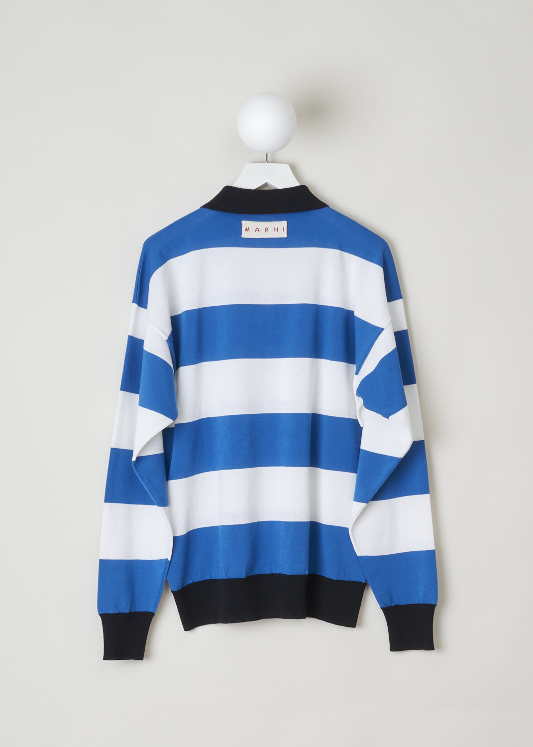 Marni, Horizontally striped long sleeve polo, POMD0029Q0_UFC912_MSB54, blue white, print, back, This long sleeve polo is designed with an oversized fit in mind and comes adorned with lovely horizontal stripes in blue and white. The pointed collar, hem and the cuffs are all coloured to a darker shade of blue.  