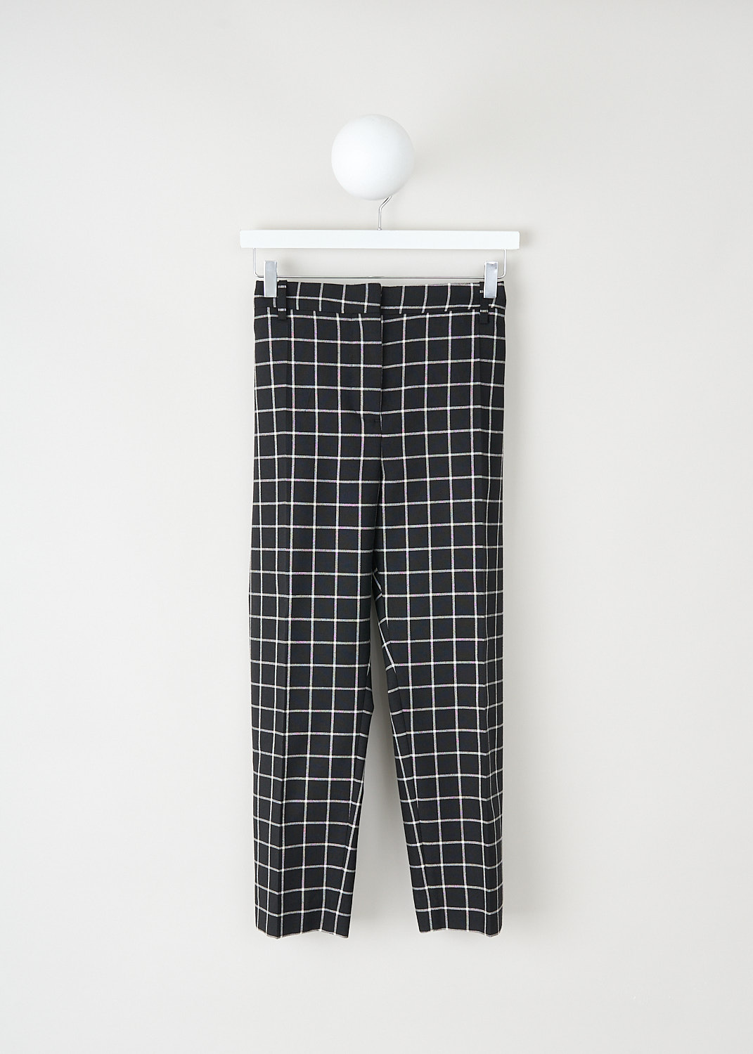Marni, Black pants with white grid pattern, PAMA0111U0_UTWA01_CHN99, Black, White, Print, Front, These pants have a black base color with a white wool-jacquard grid pattern. These pants have a concealed clasp-and-zip closure. The cropped pant legs have pressed creases and a tapered fit. These pants have two front slant pockets and two back welt pockets.