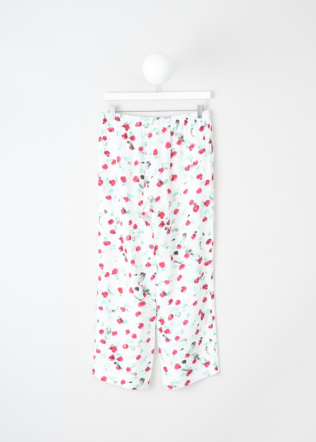 Marni, Lily white pants with green-and-pink floral print, PAMA0304A0_UTVA12_REW01, White, Print, Pink, Back, These Lily white pants with green-and-pink floral print have an elasticated waistband. These pants have concealed slanted pockets and straight, ankle length pant legs. 
