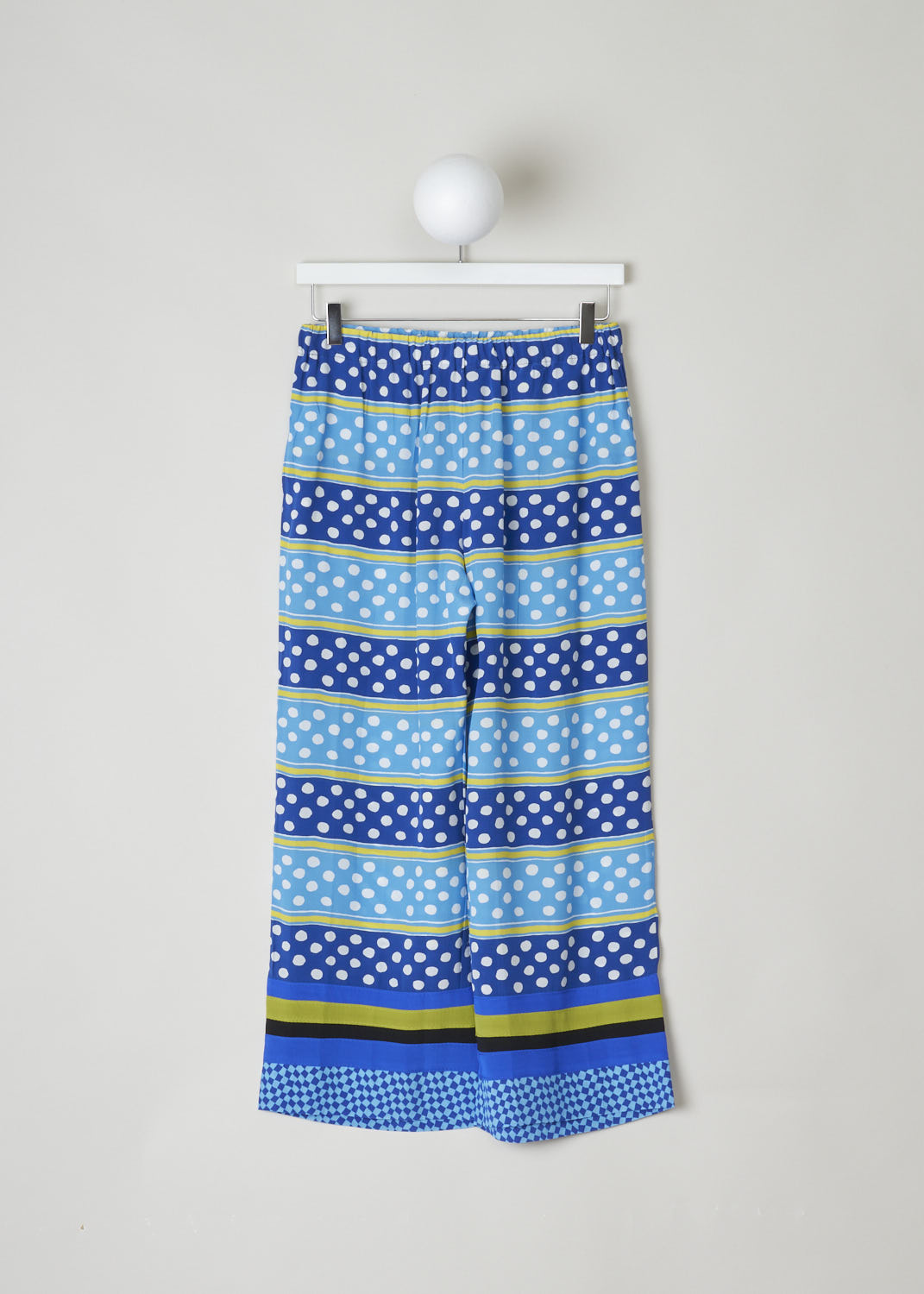 MARNI, COLORFUL SILK DOTS AND STRIPES PANTS, PAMA0304Q0_UTSF75_DS57, Blue, Print, Front, This cheerfully printed silk pants features a elasticated waist with drawstrings. Two concealed slanted pockets can be found on either side. A colorful broad trim decorates the hem.
