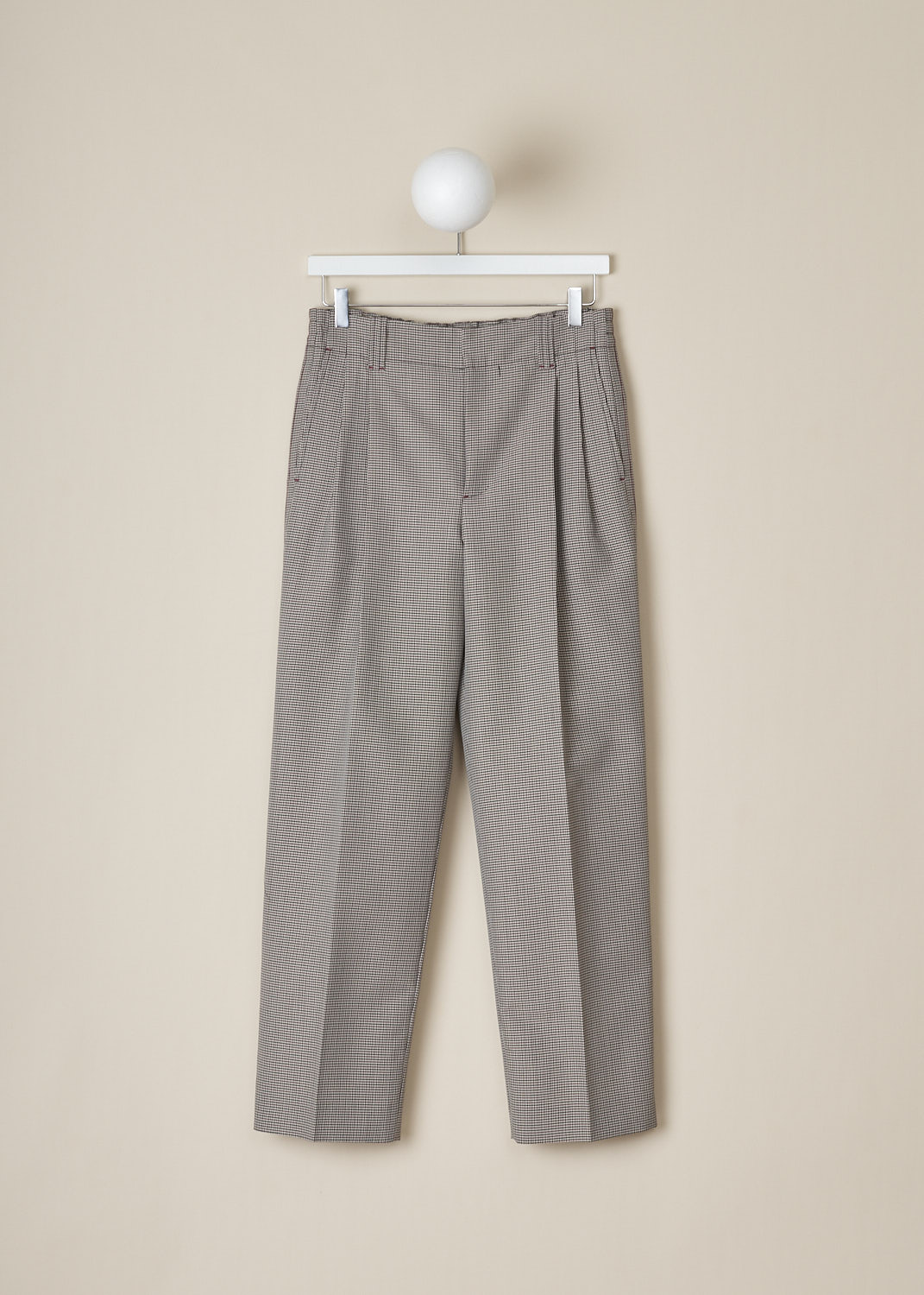 MARNI, RUBY HOUNDSTOOTH COMPACT WOOL PANTS, PAMA0440U0_UTWA03_PDR82, Brown, Red, Print, Front, These high-waisted ruby Houndstooth pants have a slightly elasticated waistline with belt loops and a concealed button and zip closure. In the front, these pants have slanted pockets, pleats and centre creases that run along the length of the straight pant legs. In the back, these pants have two buttoned welt pockets; one with flap and one without. 
