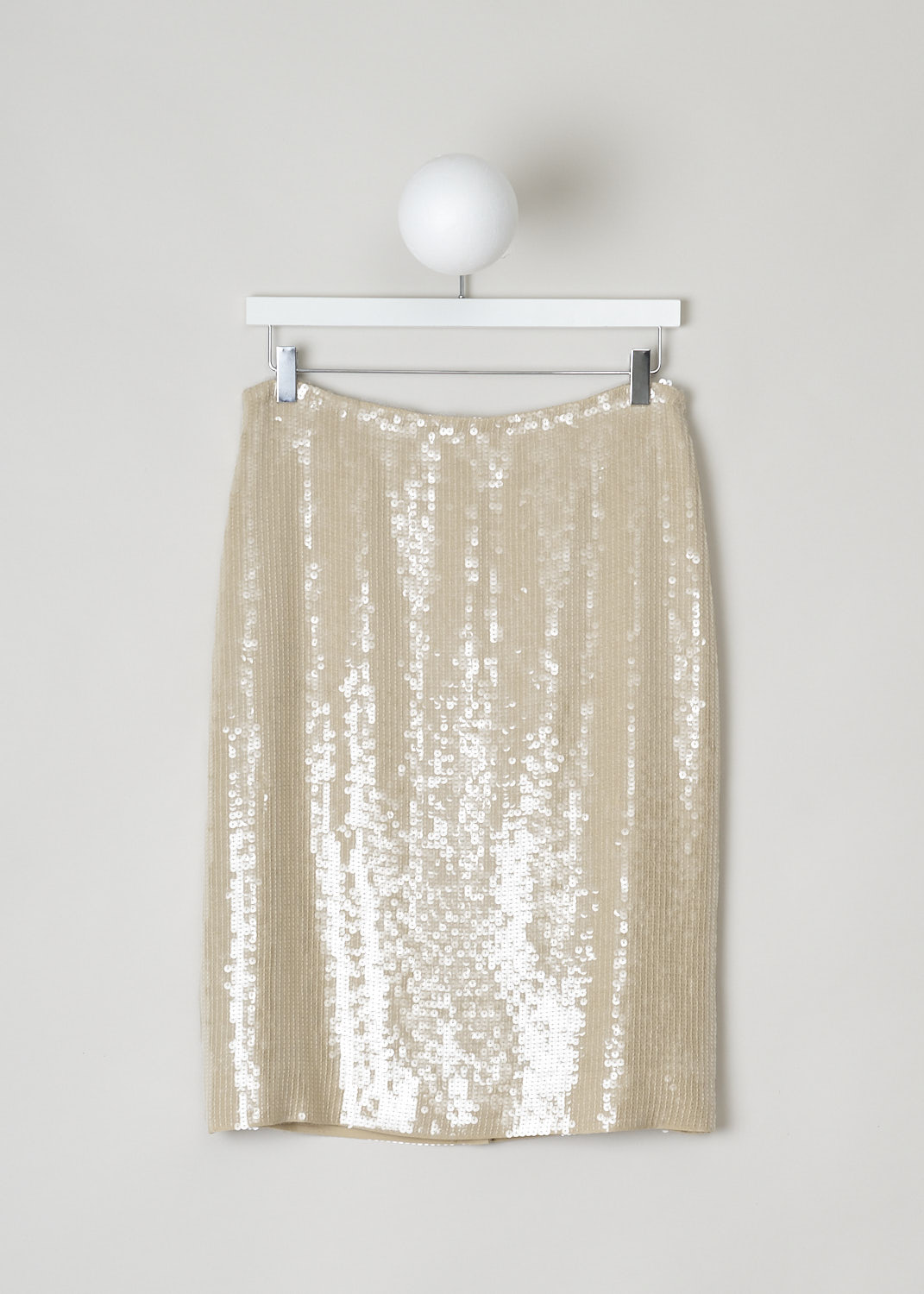 NILI LOTAN, KHAKI COLORED SEQUIN PENCIL SKIRT, 12054_W1226, Beige, Front, This khaki colored pencil skirt is fully covered with see-through sequin. In the back, a concealed zip functions as the closure option. Also in the back, a centre slit can be found. The skirt is fully lined.
