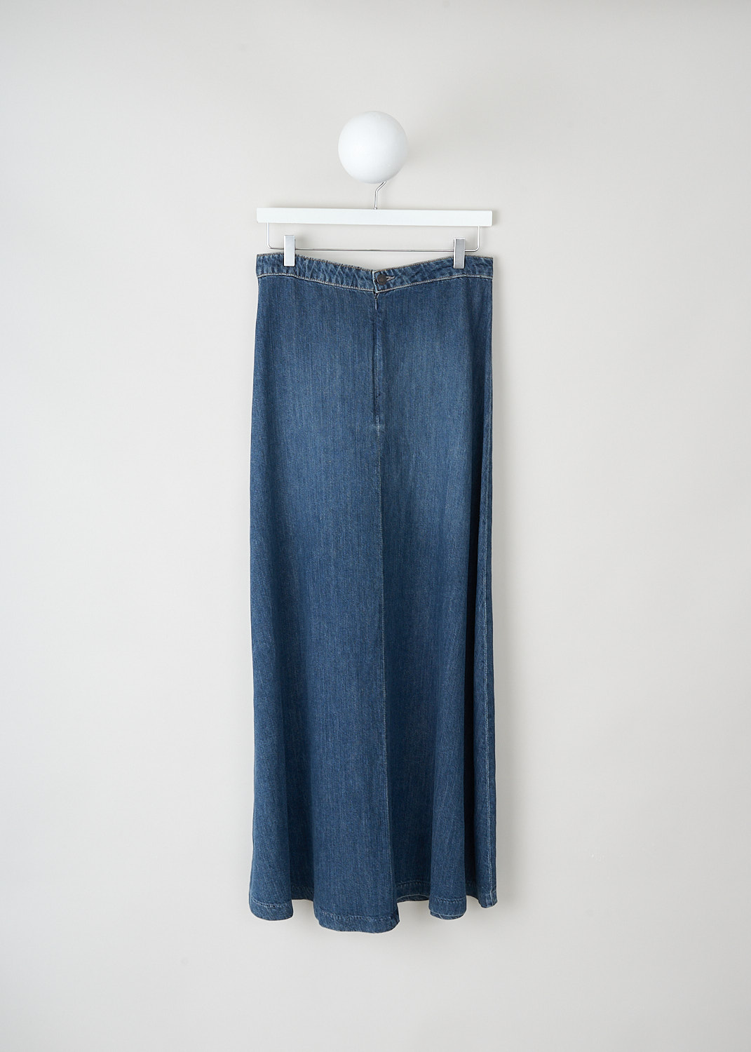 Nili Lotan, Classic wash denim Astrid maxi skirt, ASTRID_DENIM_SKIRT_12170_W1286_CLASSIC_WASH, Blue, Back, This classic wash denim Astrid maxi skirt has a relaxed fit from the hip down. In the back, a button and a concealed zip function as the closure.
